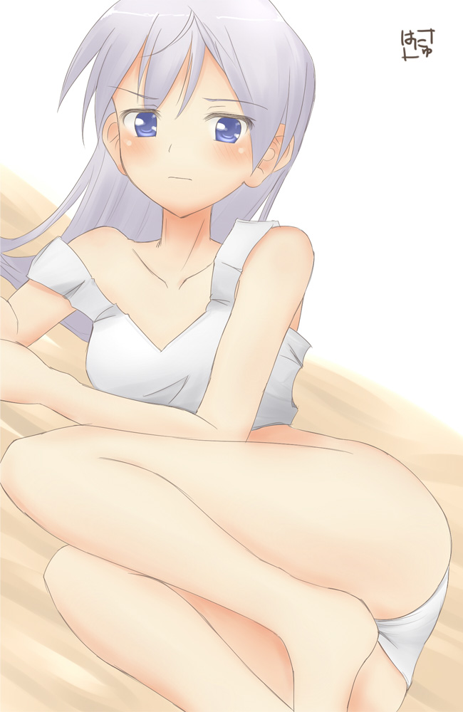 eila ilmatar juutilainen, hanyu, strike witches, world witches series, 00s, 1girl, annoyed, barefoot, bed, blue eyes, blush, bra, dutch angle, female focus, lingerie, lying, off shoulder, on side, panties, purple hair, signature, solo, underwear