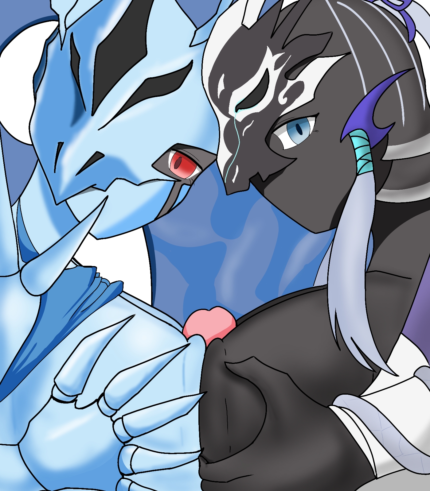 swordsoul (yu-gi-oh!), swordsoul of mo ye, yu-gi-oh!, artist request, 1boy, 2girls, artist name, black bodysuit, blue bodysuit, blue eyes, bodysuit, breast press, breasts, breasts out, breasts pressing against breasts, claws, covered eyes, double paizuri, female focus, grabbing own breast, hand on own chest, helmet, helmet over eyes, icejade creation aegirocassis, large breasts, looking at viewer, mask, mask on head, multiple girls, paizuri, penis, pov, red eyes, shiny skin, siblings, sideboob, sidelocks, twins, white background, white hair