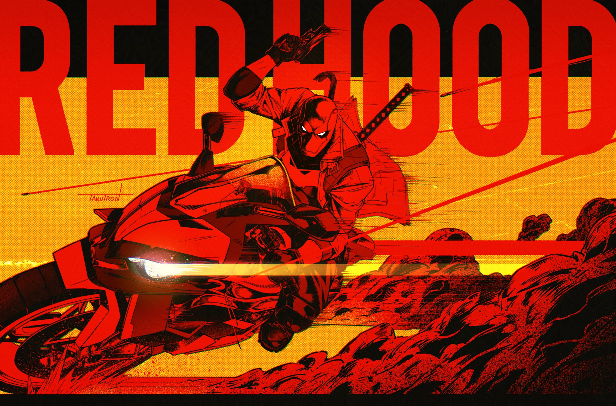 taku tron, jason todd, red hood (dc), batman (series), dc comics, highres, 1boy, bat signal, batman symbol, black bodysuit, black gloves, bodysuit, brown jacket, gloves, grey bodysuit, holding, jacket, male focus, mask, muscular, muscular male, open clothes, pants, red hood and the outlaws, red mask, superhero costume, taut bodysuit, two-tone bodysuit