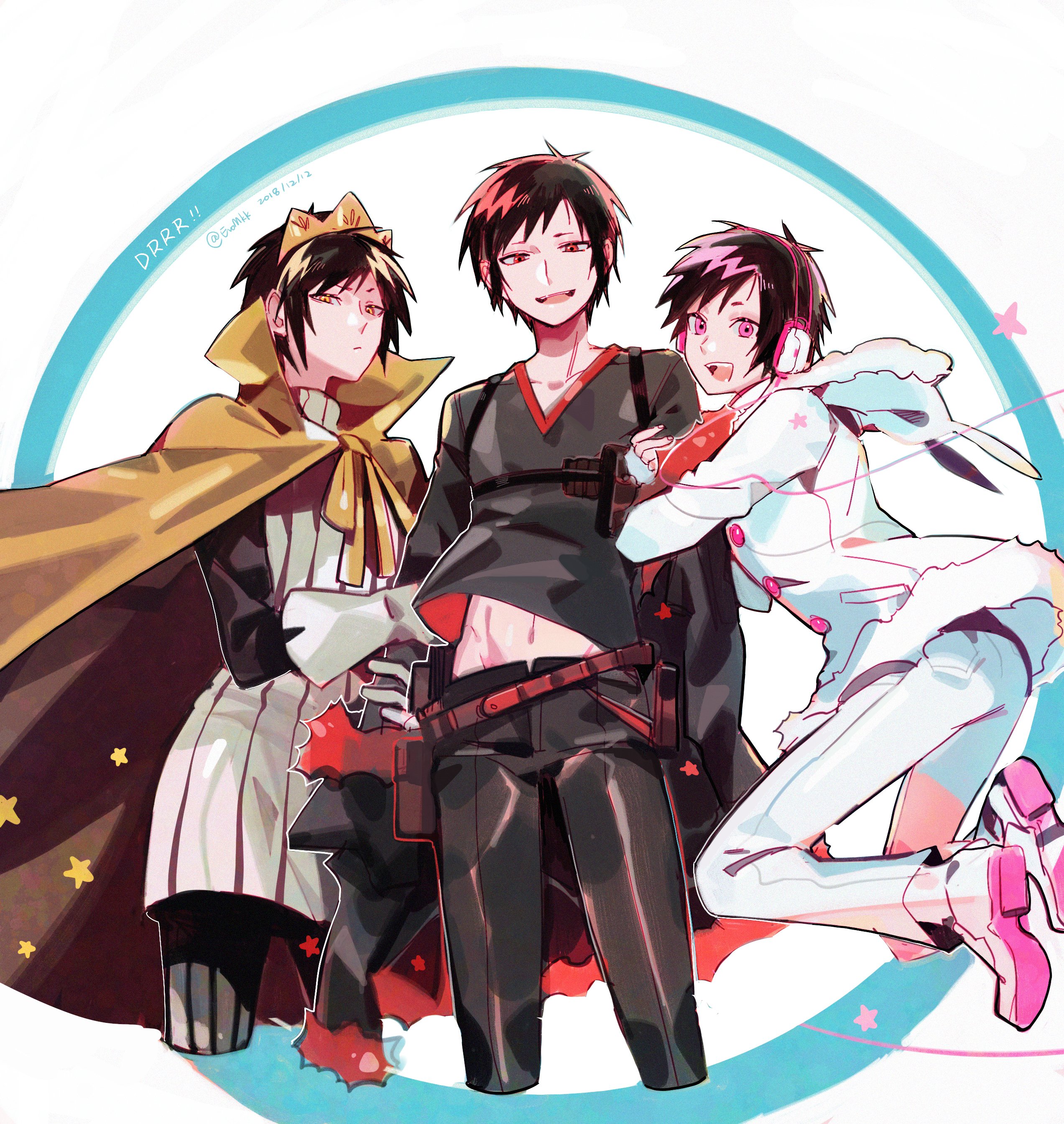 eromkk, orihara izaya, durarara!!, absurdres, highres, 3boys, belt, black hair, black pants, coat, copyright name, cropped legs, crown, dated, floating, fur-trimmed hood, fur trim, gloves, gold cape, hair between eyes, high collar, hood, jacket, long sleeves, looking at viewer, male focus, multiple boys, narrowed eyes, navel, off shoulder, open mouth, pants, pink eyes, red belt, red eyes, red trim, shirt, short hair, smile, standing, star (symbol), v-neck, white background, white gloves, white jacket, white pants, wire, yellow eyes