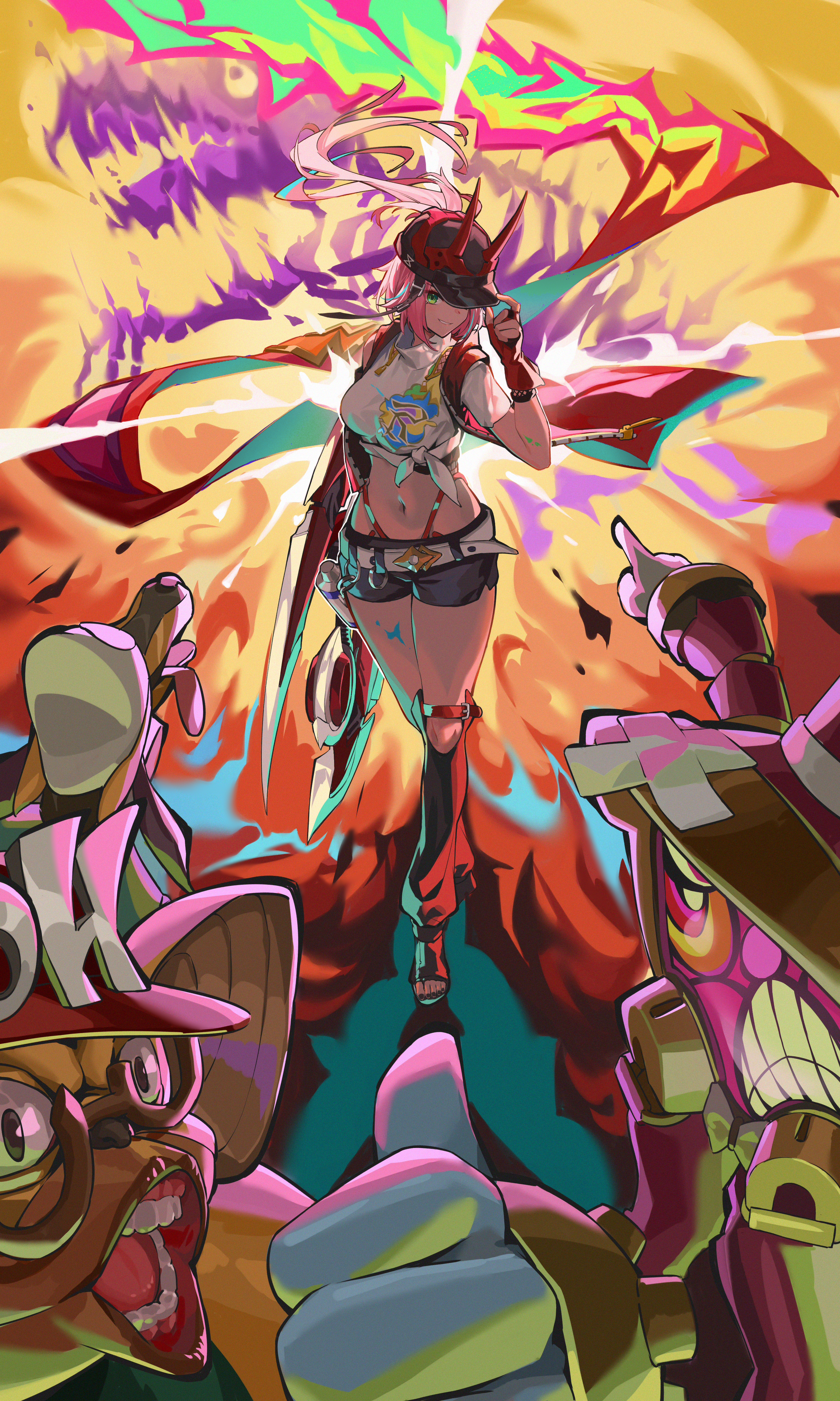 fuwafuwa4560, fuuma shuriken, rappa (honkai: star rail), honkai: star rail, honkai (series), absurdres, character request, commentary, highres, 1girl, asymmetrical sleeves, baseball cap, belt, black hat, black leg warmers, black shoes, black shorts, blue streaks, breasts, bridal gauntlets, crop top, explosion, fishnet bridal gauntlets, fishnet top, fishnets, floating hair, full body, gloves, graffiti, green eyes, groin, hat, holding, holding shuriken, holding weapon, horned hat, jacket, large breasts, leg warmers, long hair, looking at viewer, midriff, navel, open-toe shoes, parted lips, pink hair, pointing, ponytail, red arm warmers, red gloves, red jacket, shirt, shoes, short shorts, shorts, shuriken, sidelocks, skeleton, smile, solo focus, spray can, standing, tied shirt, uneven sleeves, weapon, white belt, white shirt