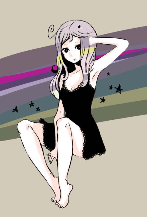 tomoya (artist), original, bad id, bad pixiv id, 1girl, ahoge, armpits, barefoot, dress, female focus, full body, long hair, looking at viewer, purple hair, solo