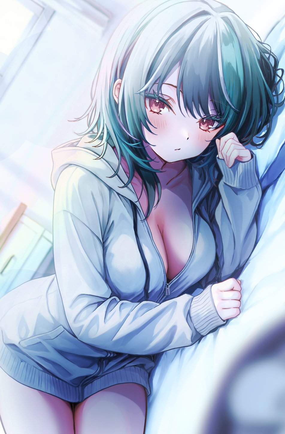 derk maxx, rindo chihaya, hololive, hololive dev is, highres, 1girl, alternate costume, aqua hair, blush, breasts, brown eyes, cleavage, dutch angle, hood, hooded jacket, jacket, long hair, looking at viewer, lying, on side, solo, virtual youtuber
