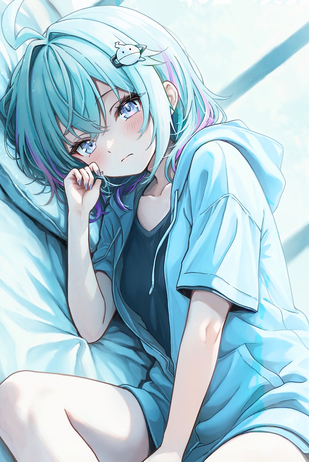 derk maxx, mizumiya su, hololive, hololive dev is, highres, 1girl, ahoge, alternate costume, aqua hair, blue eyes, dutch angle, hair intakes, hair ornament, hairclip, hood, hoodie, looking at viewer, lying, medium hair, multicolored hair, on side, pink hair, streaked hair, unzipped, virtual youtuber