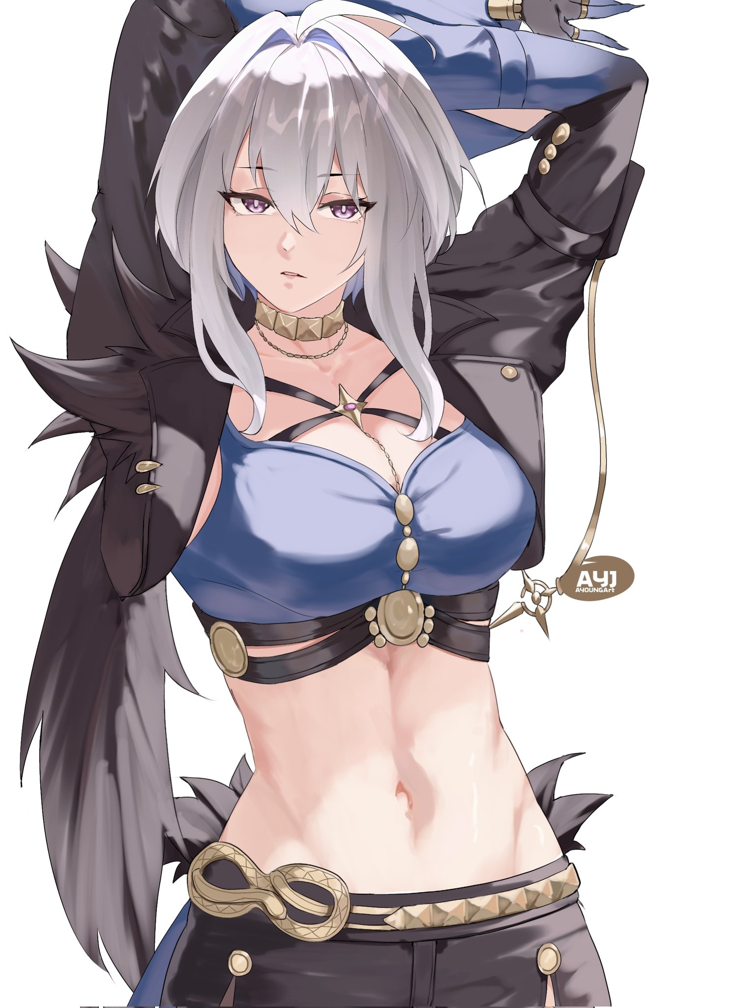 ayoungart, galbrena (wuthering waves), wuthering waves, commentary request, corrupted twitter file, highres, 1girl, arms up, artist name, black jacket, black shorts, blue bra, bra, breasts, cleavage, collarbone, cropped jacket, gold choker, grey hair, hair between eyes, hair intakes, jacket, linea alba, looking at viewer, medium breasts, navel, parted lips, purple eyes, shorts, solo, stomach, underwear, upper body