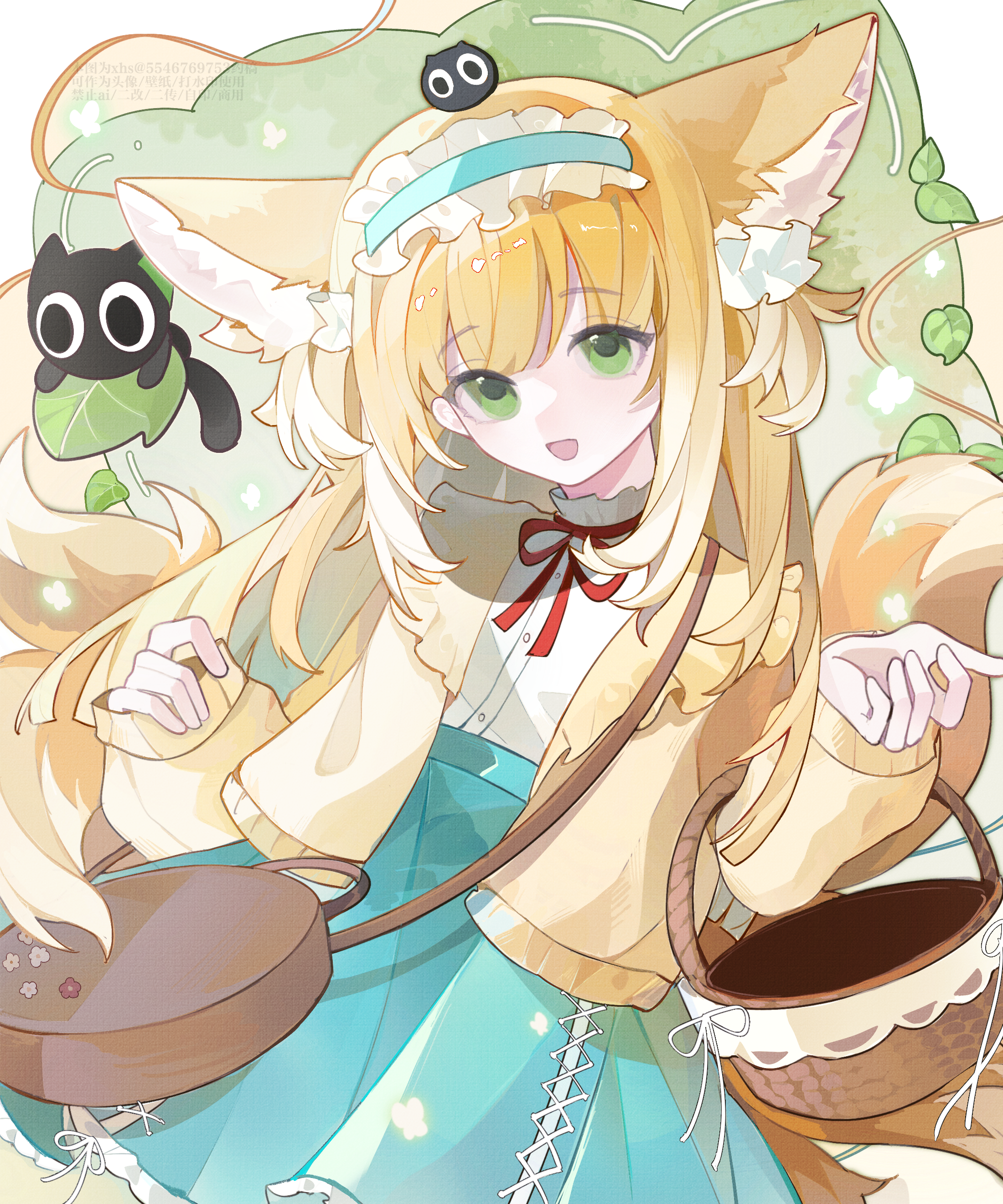 heixiu, luo xiaohei, luo xiaohei (cat), suzuran (arknights), suzuran (spring praise) (arknights), luo xiaohei zhanji, absurdres, chinese commentary, commentary request, commission, highres, second-party source, 1girl, :d, animal ears, bag, basket, black cat, blonde hair, blue hairband, blue skirt, brown bag, cardigan, cat, cross-laced clothes, cross-laced skirt, extra ears, fox ears, fox girl, fox tail, frilled hairband, frills, green eyes, hairband, high-waist skirt, kitsune, kyuubi, long hair, long sleeves, looking at viewer, multiple tails, neck ribbon, official alternate costume, open cardigan, open clothes, open mouth, red ribbon, ribbon, seagullnn, shirt, shoulder bag, skirt, sleeves past wrists, smile, solo, tail, watermark, white shirt, yellow cardigan