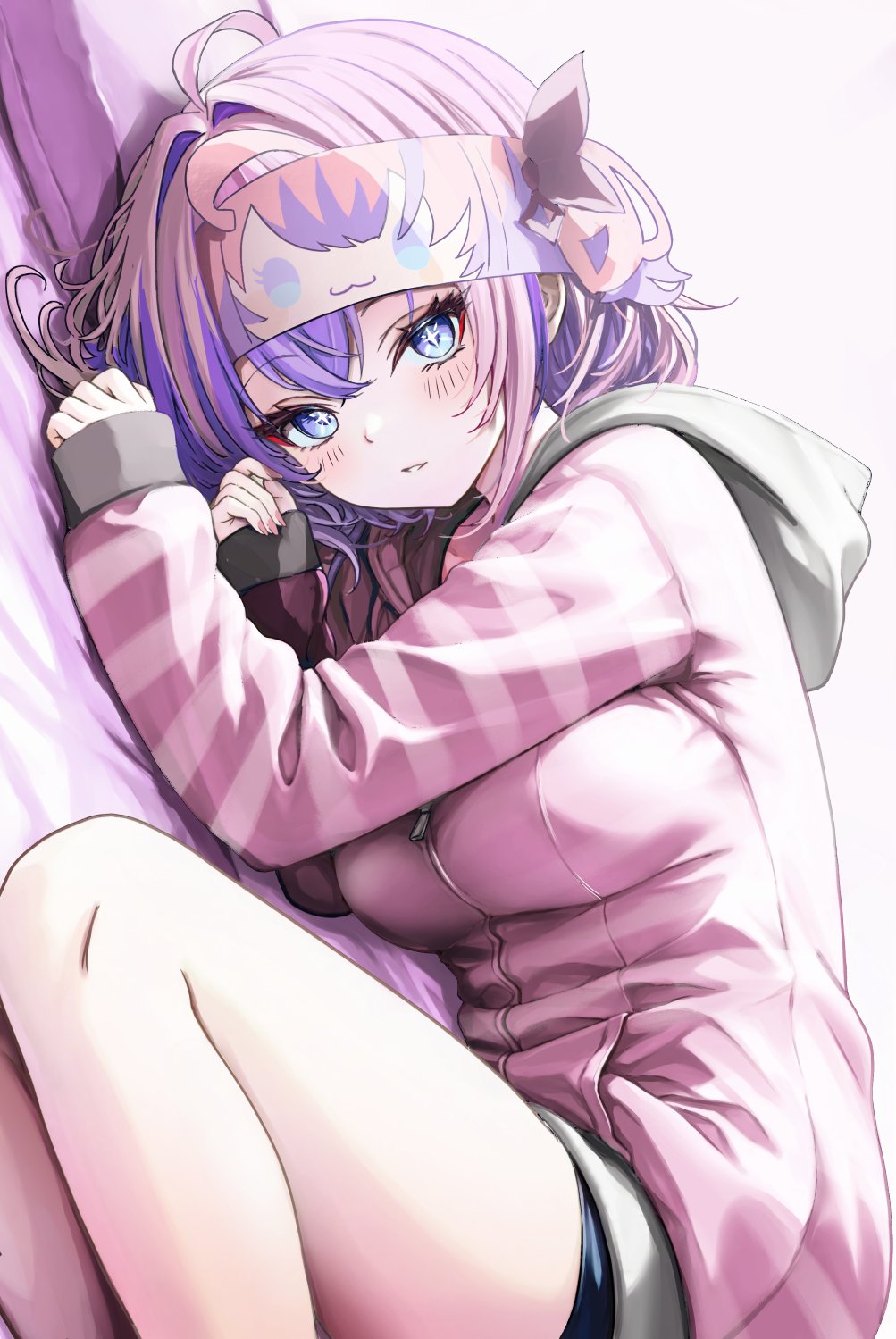 derk maxx, kikirara vivi, hololive, hololive dev is, highres, + +, 1girl, :3, alternate costume, blush, dutch angle, hair intakes, hood, hooded jacket, jacket, looking at viewer, maid headdress, multicolored hair, pink hair, purple hair, shorts, solo, streaked hair