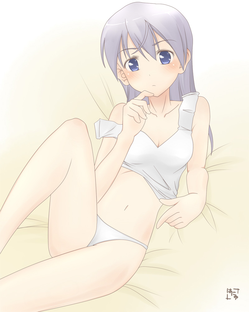 eila ilmatar juutilainen, hanyu, strike witches, world witches series, 00s, 1girl, bed, blue eyes, blush, female focus, half-shirt, lingerie, navel, off shoulder, panties, purple hair, signature, solo, underwear