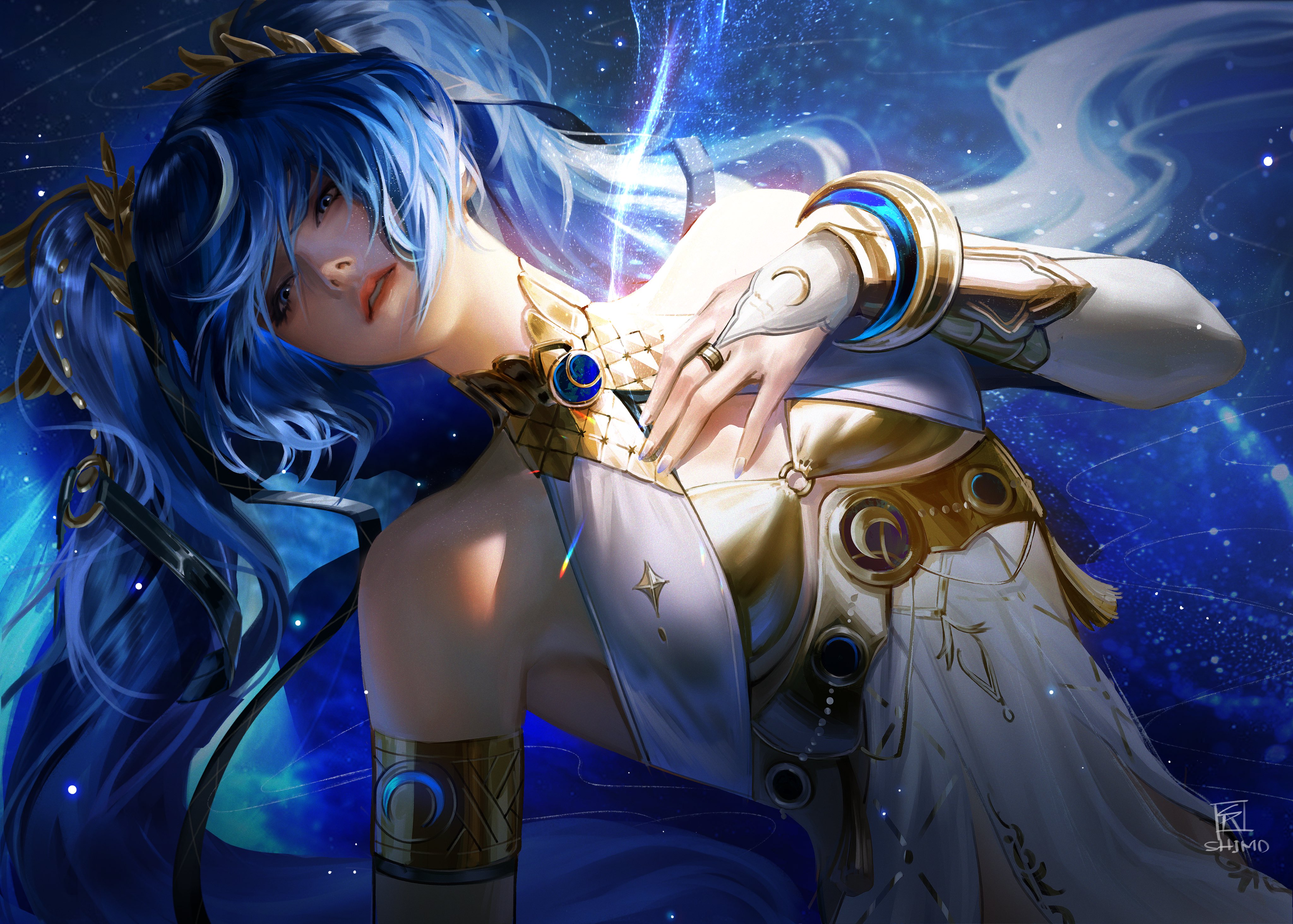 shim0rin, iuno (wuthering waves), wuthering waves, absurdres, commentary, english commentary, highres, 1girl, ancient greek clothes, armlet, artist logo, bare shoulders, blue eyes, blue hair, blue nails, breasts, fingernails, gold bra, greco-roman clothes, hand on own chest, jewelry, laurel crown, logo, long fingernails, long hair, looking to the side, lying, medium breasts, multicolored hair, nail polish, on back, parted lips, solo, streaked hair, twintails, upper body