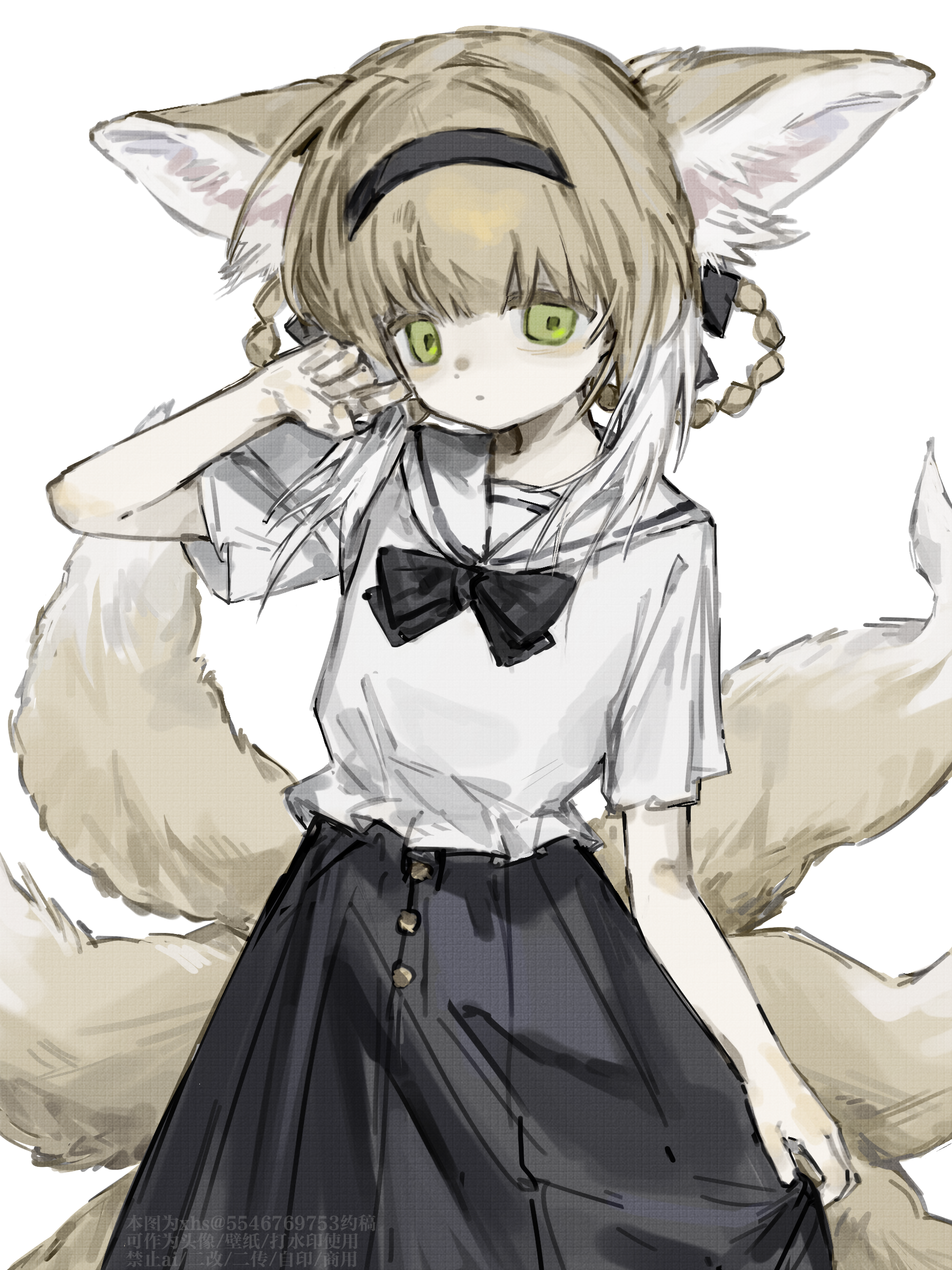 suzuran (arknights), arknights, absurdres, chinese commentary, commentary request, commission, highres, second-party source, 1girl, alternate costume, animal ears, black bow, black hairband, black skirt, blonde hair, bow, braid, braided hair rings, closed mouth, colored tips, dot mouth, fox ears, fox girl, fox tail, green eyes, hair rings, hairband, kitsune, kyuubi, multicolored hair, multiple tails, sailor collar, sailor shirt, sha lu (xhs258298122), shirt, short hair, short sleeves, simple background, skirt, solo, tail, twin braids, watermark, white background, white hair, white sailor collar, white shirt
