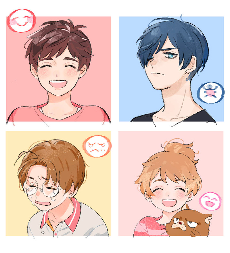 jinnai enta, kuji toi, yasaka kazuki, sarazanmai, 4boys, ^ ^, angry, black shirt, blue eyes, blue hair, blush, brown cat, brown hair, cat, closed eyes, closed mouth, crying, freckles, frown, happy, komgonsara, male focus, multiple boys, nyantaro (sarazanmai), open mouth, pink shirt, round eyewear, shirt, short hair, striped clothes, striped shirt, white shirt, yasaka haruka
