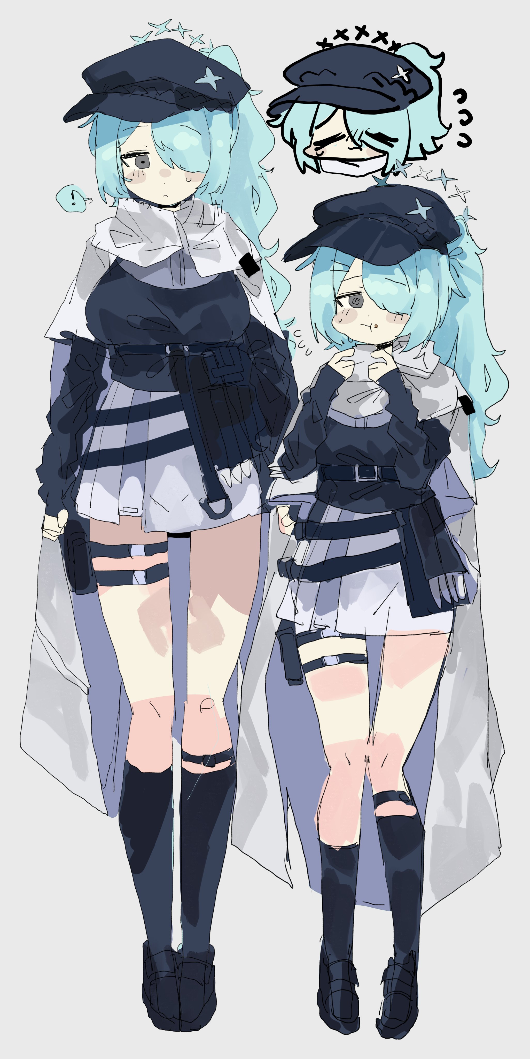 odmised, hiyori (blue archive), blue archive, absurdres, highres, !, 1girl, aqua hair, asymmetrical bangs, bag, belt, belt pouch, black belt, black shoes, black socks, black sweater, blush, breasts, burger, chibi, chibi inset, closed eyes, closed mouth, coat, eating, flying sweatdrops, food, food on face, full body, green eyes, hair ornament, hair over one eye, hairclip, halo, hat, hat ornament, holding, holding food, kneehighs, large breasts, leg belt, long hair, long sleeves, looking at viewer, multiple views, newsboy cap, open mouth, pouch, scarf, shoes, side ponytail, simple background, skirt, socks, solo, spoken exclamation mark, standing, star (symbol), star hat ornament, sweater, thigh pouch, thigh strap, white background, white coat, white scarf, white skirt