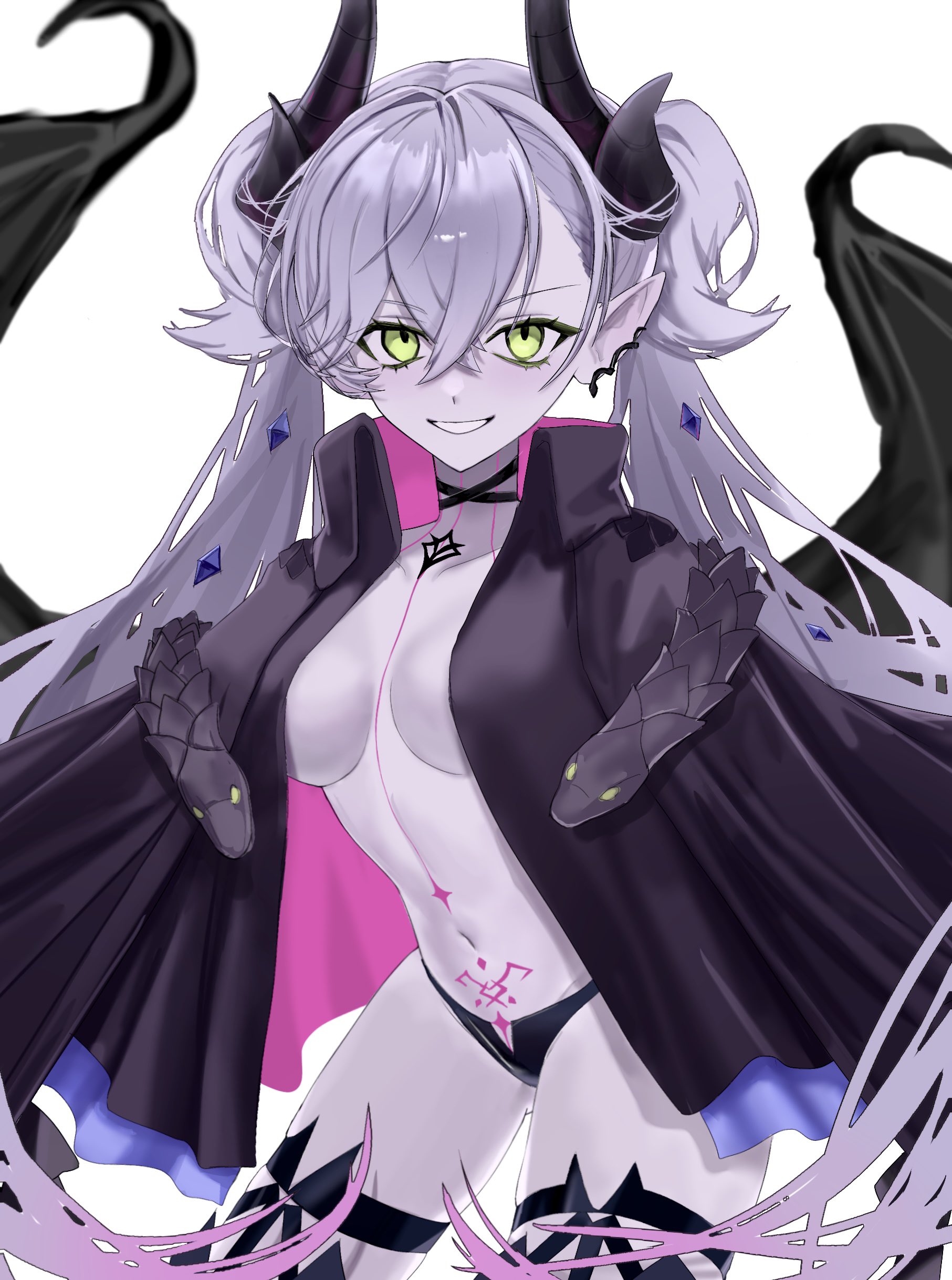 lilith (fate), lilith (second ascension) (fate), fate/grand order, fate (series), absurdres, highres, 1girl, black cloak, black panties, body markings, breasts, cloak, cowboy shot, crossed bangs, demon girl, demon horns, demon wings, ear piercing, gradient hair, green eyes, grey hair, hair around horn, hair between eyes, hair ornament, horns, long hair, looking at viewer, multicolored hair, navel, open mouth, panties, piercing, pink hair, pointy ears, pubic tattoo, rami (zwndu0), simple background, smile, solo, stomach tattoo, tattoo, twintails, underwear, very long hair, white background, wings