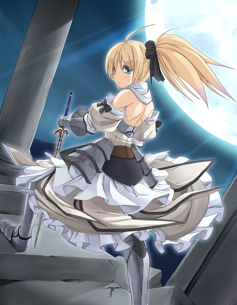 tenkuu nozora, artoria pendragon (fate), saber (fate), saber lily, capcom, fate/stay night, fate/unlimited codes, fate (series), bad id, bad pixiv id, 00s, 1girl, ahoge, armor, armored dress, back, bare shoulders, blonde hair, blush, detached sleeves, dress, faulds, female focus, full moon, gauntlets, green eyes, hair ribbon, moon, ponytail, ribbon, solo, sword, weapon