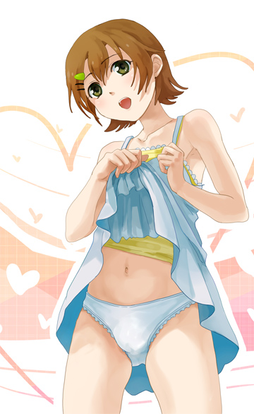 otosume ruiko, mako-chan (minami-ke), makoto (minami-ke), minami-ke, 00s, 1boy, brown hair, bulge, clothes lift, crossdressing, crossdressing (mtf), dress, dress lift, green eyes, hair ornament, hairclip, lace, lace-trimmed panties, lace trim, male focus, navel, panties, short hair, solo, trap, underwear, white panties