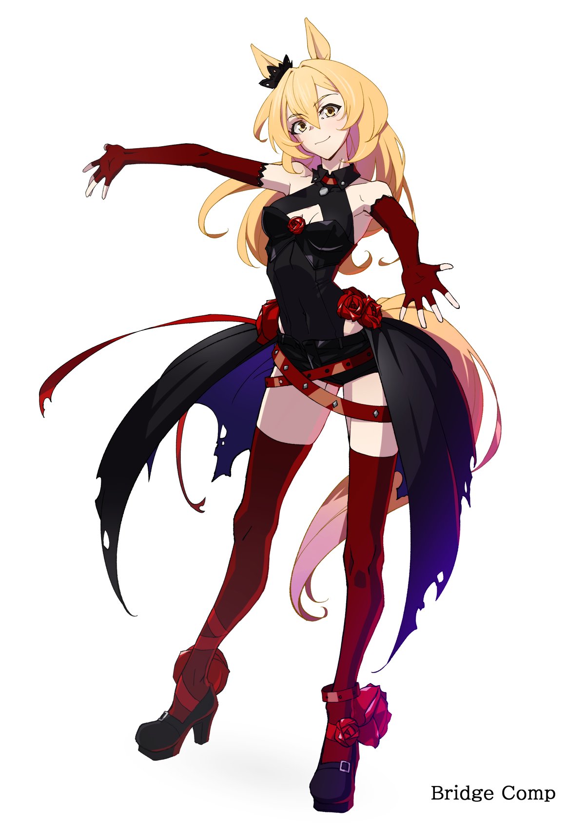 hp23, umamusume, umayuru, highres, 1girl, adapted costume, animal ears, bare shoulders, belt, black boots, black leotard, black scrunchie, black shorts, blonde hair, boots, breasts, bridge comp (umamusume), ear scrunchie, elbow gloves, fingerless gloves, flower, full body, gloves, gradient hair, hair between eyes, high heels, horse ears, horse girl, horse tail, leotard, long hair, looking at viewer, medium breasts, multicolored hair, pink hair, red belt, red flower, red gloves, red rose, red thighhighs, rose, scrunchie, short shorts, shorts, simple background, smile, standing, tail, thighhighs, white background, yellow eyes
