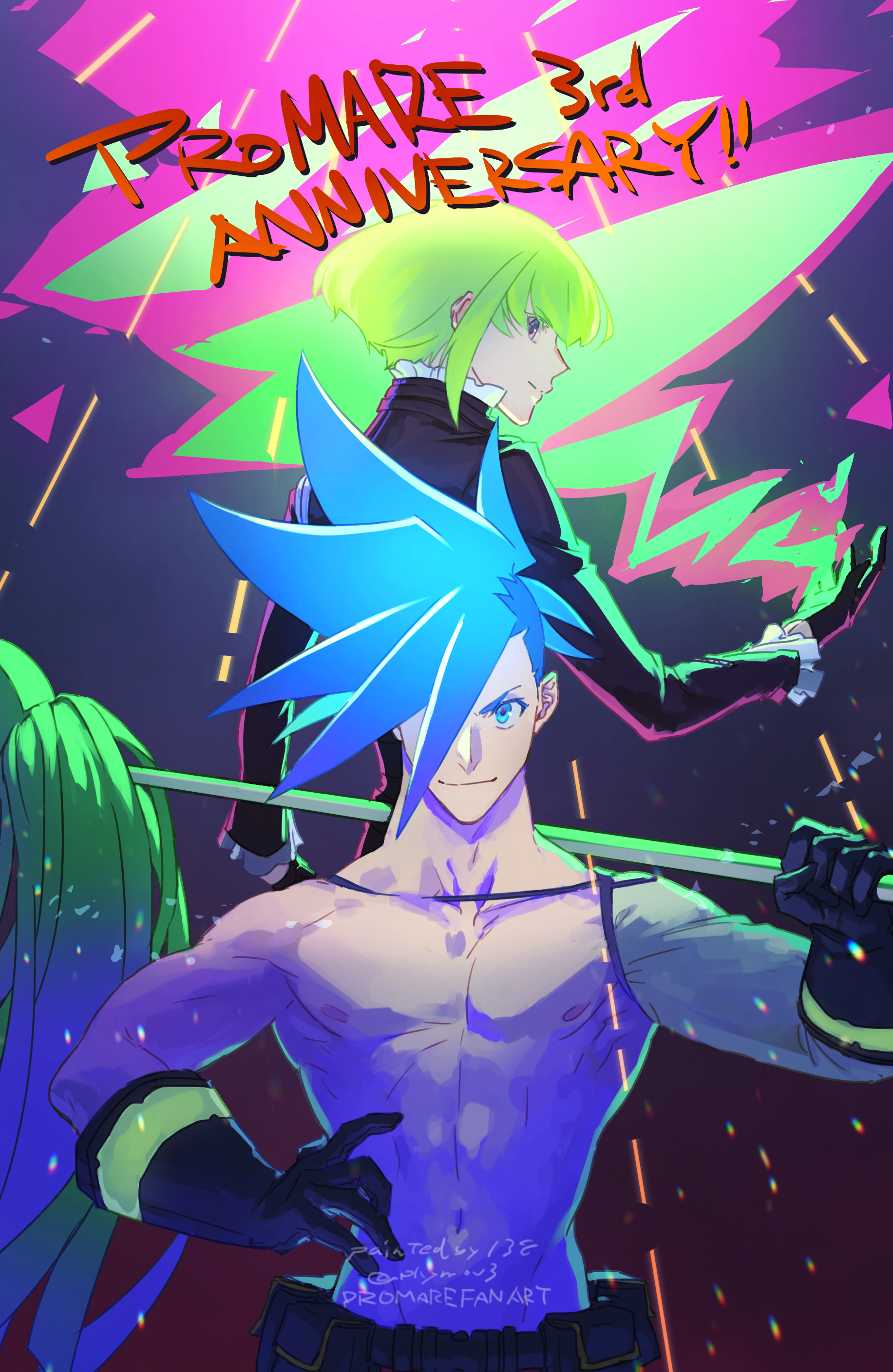 plytometo, galo thymos, lio fotia, promare, absurdres, highres, 2boys, anniversary, black gloves, black shirt, blue eyes, blue hair, closed mouth, copyright name, gloves, green hair, hair between eyes, looking at viewer, looking back, male focus, matoi, multiple boys, rubber gloves, shirt, short hair, smile, spiked hair, topless male, undercut, upper body