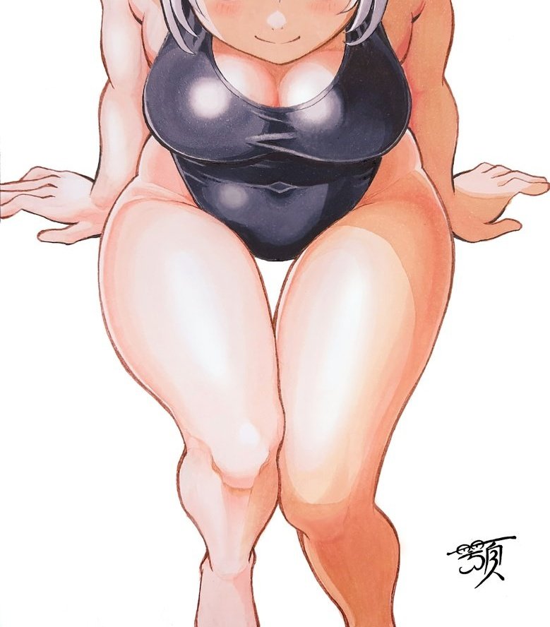 agongaaka, original, commentary request, 1girl, arm support, black one-piece swimsuit, breasts, cleavage, covered navel, eyes out of frame, head out of frame, one-piece swimsuit, signature, simple background, sitting, smile, solo, swimsuit, thigh gap, white background, white hair