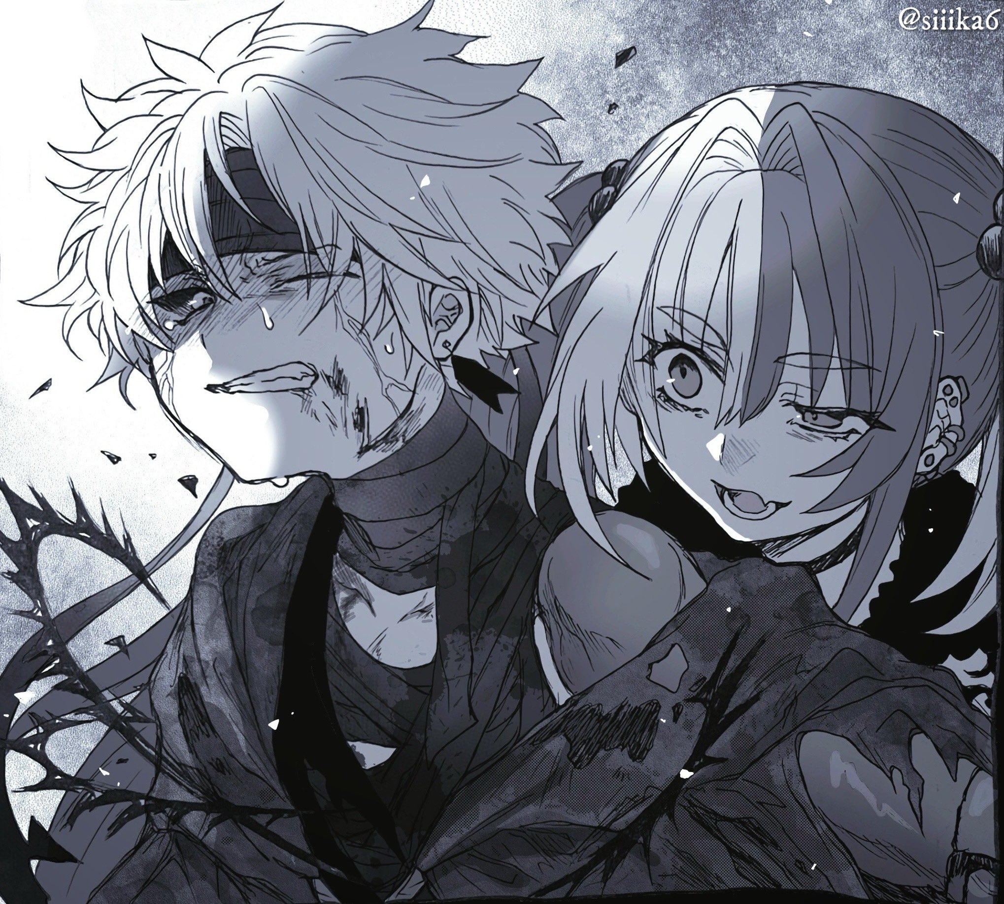 siiika (siiika6), matsunaga hisahide (fate), fate/grand order, fate (series), highres, 1boy, 1girl, bandages, blood, blood on face, clenched teeth, colored sclera, earrings, fang, greyscale, headband, jacket, jewelry, long hair, monochrome, multicolored hair, multiple earrings, one eye closed, open mouth, short hair, skin fang, smile, split-color hair, sweat, tearing up, teeth, toudou heisuke (fate), toudou heisuke (second ascension) (fate), twintails, two-tone hair, uneven eyes, upper body