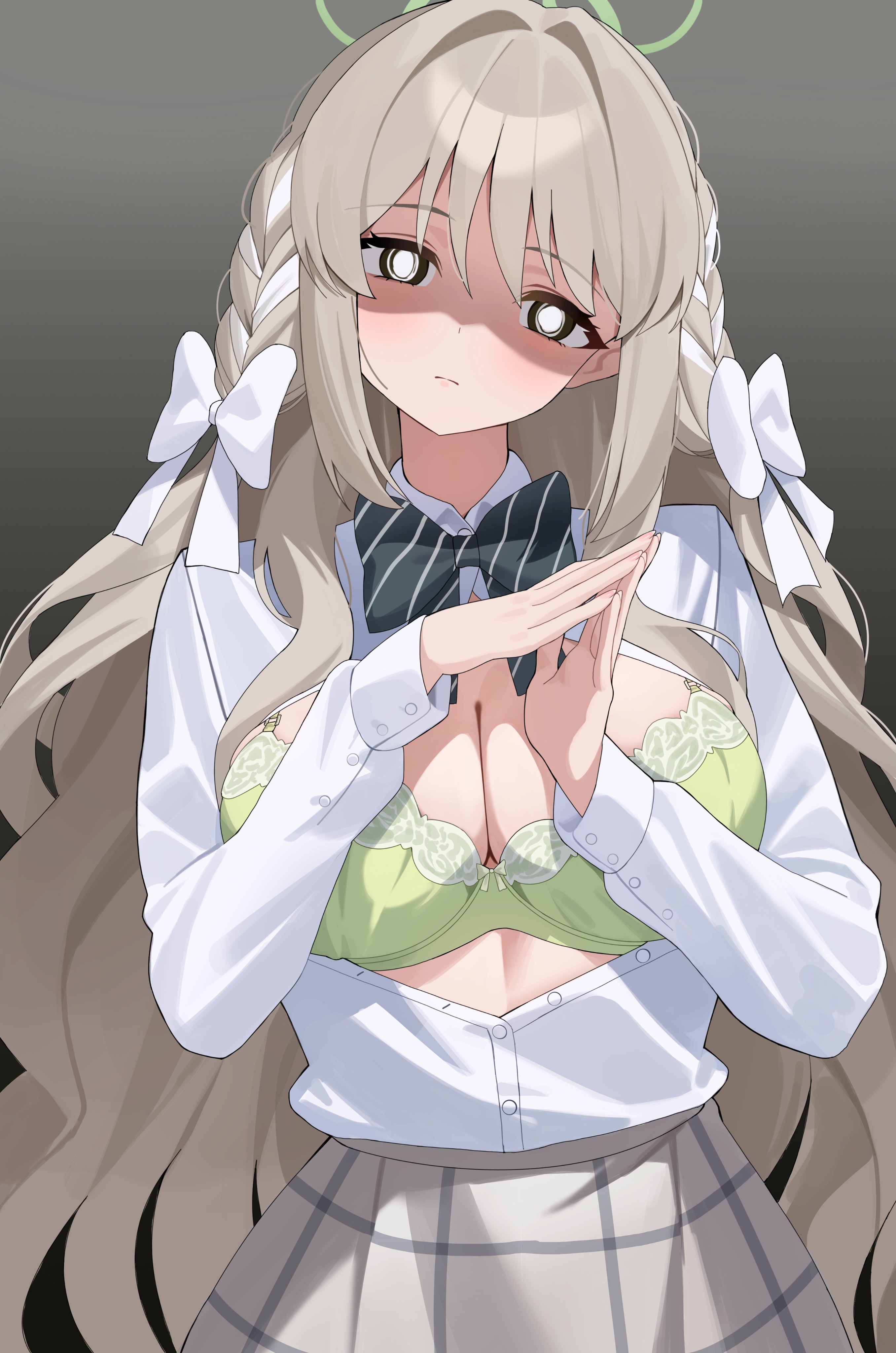 ddog, miyo (blue archive), blue archive, hazel eyes, absurdres, highres, 1girl, bow, bowtie, bra, braid, breasts, choppy bangs, cleavage, diagonal-striped bow, diagonal-striped bowtie, diagonal-striped clothes, expressionless, green bow, green bowtie, green halo, grey skirt, hair ribbon, halo, long hair, looking at viewer, own hands together, partially unbuttoned, ribbon, ribbon braid, shaded face, shirt, shirt tucked in, simple background, skirt, solo, staring, steepled fingers, striped bow, striped bowtie, striped clothes, underwear, white bow, white shirt