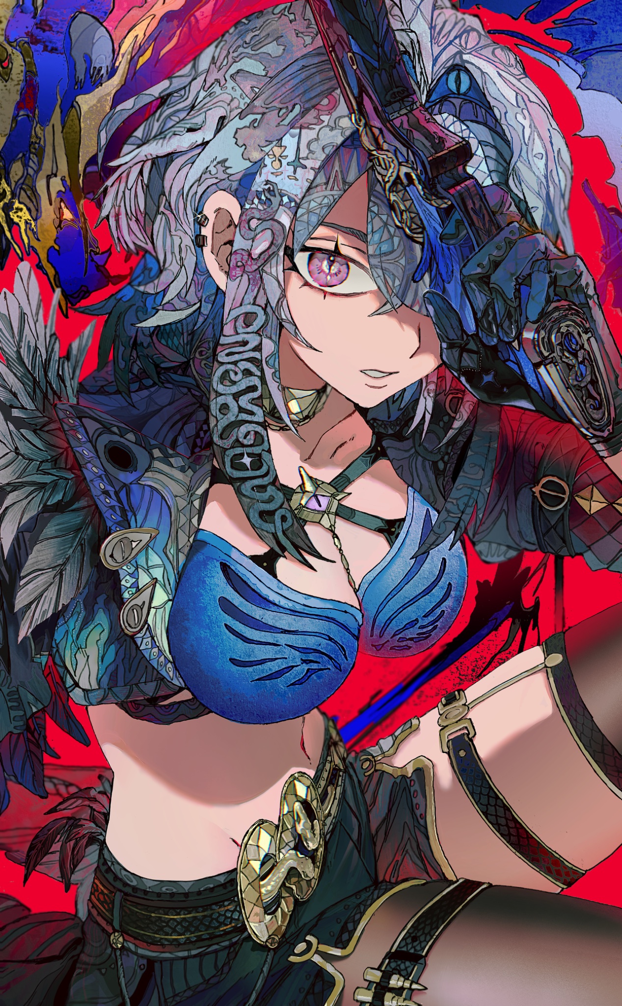 yadu nadu, galbrena (wuthering waves), wuthering waves, commentary, highres, 1girl, black gloves, black jacket, black pantyhose, black shorts, black thighhighs, blue bra, bra, breasts, cleavage, collarbone, cropped jacket, gloves, gold choker, grey hair, gun, hand up, holding, holding gun, holding weapon, jacket, looking at viewer, medium breasts, navel, pantyhose, parted lips, purple eyes, shorts, sidelocks, single leg pantyhose, single thighhigh, solo, stomach, thighhighs, thighs, underwear, weapon