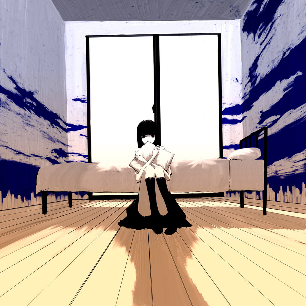 emukami, original, 1girl, bed, black eyes, black hair, cloud, female focus, hugging object, kneehighs, pillow, pillow hug, room, sitting, skirt, socks, solo, window