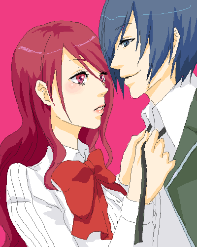 sumitan, kirijou mitsuru, yuuki makoto (persona 3), atlus, persona, persona 3, lowres, 1boy, 1girl, blue hair, bow, couple, hetero, oekaki, red hair