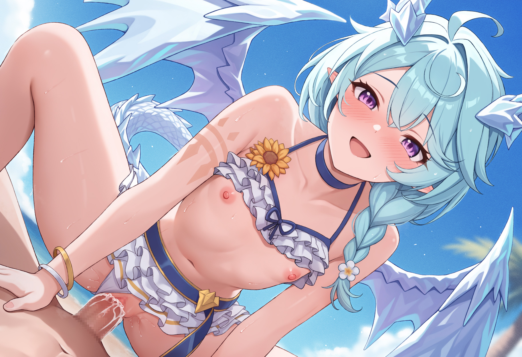myuu (arisumeria), sheffy (princess connect!), sheffy (summer) (princess connect!), princess connect!, commentary request, highres, 1boy, 1girl, arm markings, arm support, bikini, bikini top lift, black choker, blue hair, blue sky, blue tail, blue wings, braid, breasts, censored, choker, clothes lift, clothing aside, collarbone, cowgirl position, crystal horns, crystal wings, cum, cum in pussy, cum overflow, day, dragon girl, dragon horns, dragon tail, dragon wings, flower, flower bikini, frilled bikini, frills, hair between eyes, hair intakes, hetero, horns, mosaic censoring, navel, nipples, official alternate costume, official alternate hairstyle, outdoors, pointy ears, purple eyes, sex, single braid, sky, small breasts, spread legs, stomach, straddling, sunflower, swimsuit, swimsuit aside, swimsuit skirt, tail, thighs, white bikini, wings