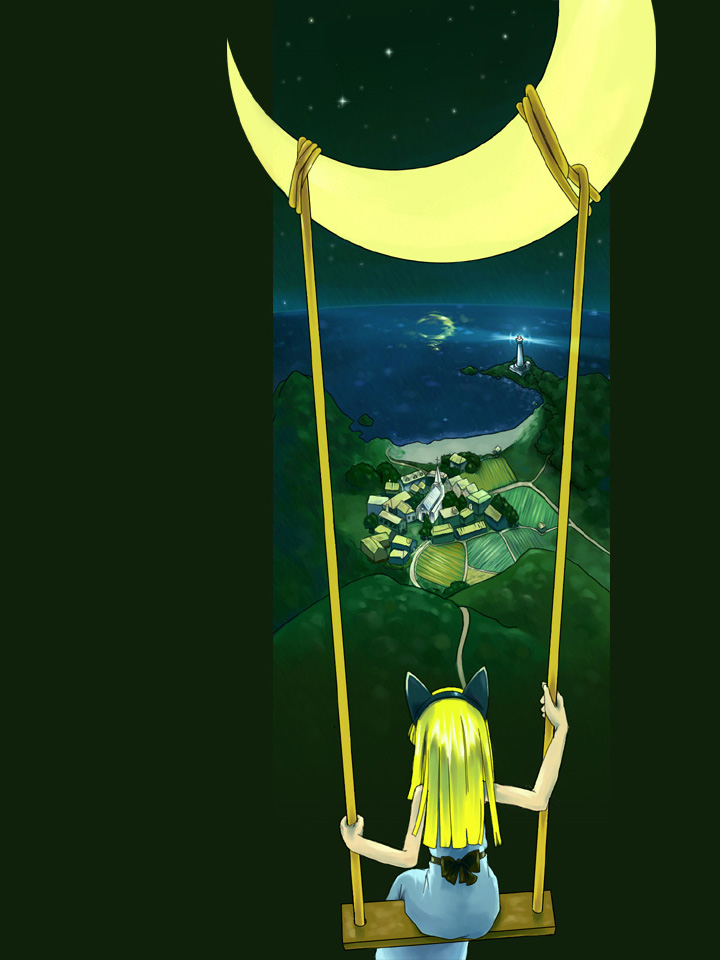 phi lin, original, 1girl, animal ears, blonde hair, cat ears, crescent moon, dress, female focus, lighthouse, long hair, moon, night, ocean, on swing, reflection, solo, star (symbol), swing, village