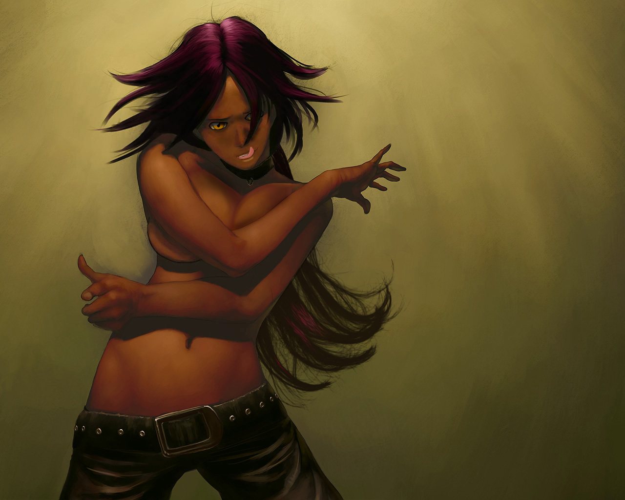 calm (artist), shihouin yoruichi, bleach, 00s, 1girl, belt, breasts, collar, covering breasts, covering privates, dark-skinned female, dark skin, female focus, gradient background, hair down, large breasts, licking lips, long hair, navel, purple hair, solo, tongue, tongue out, topless female, yellow eyes