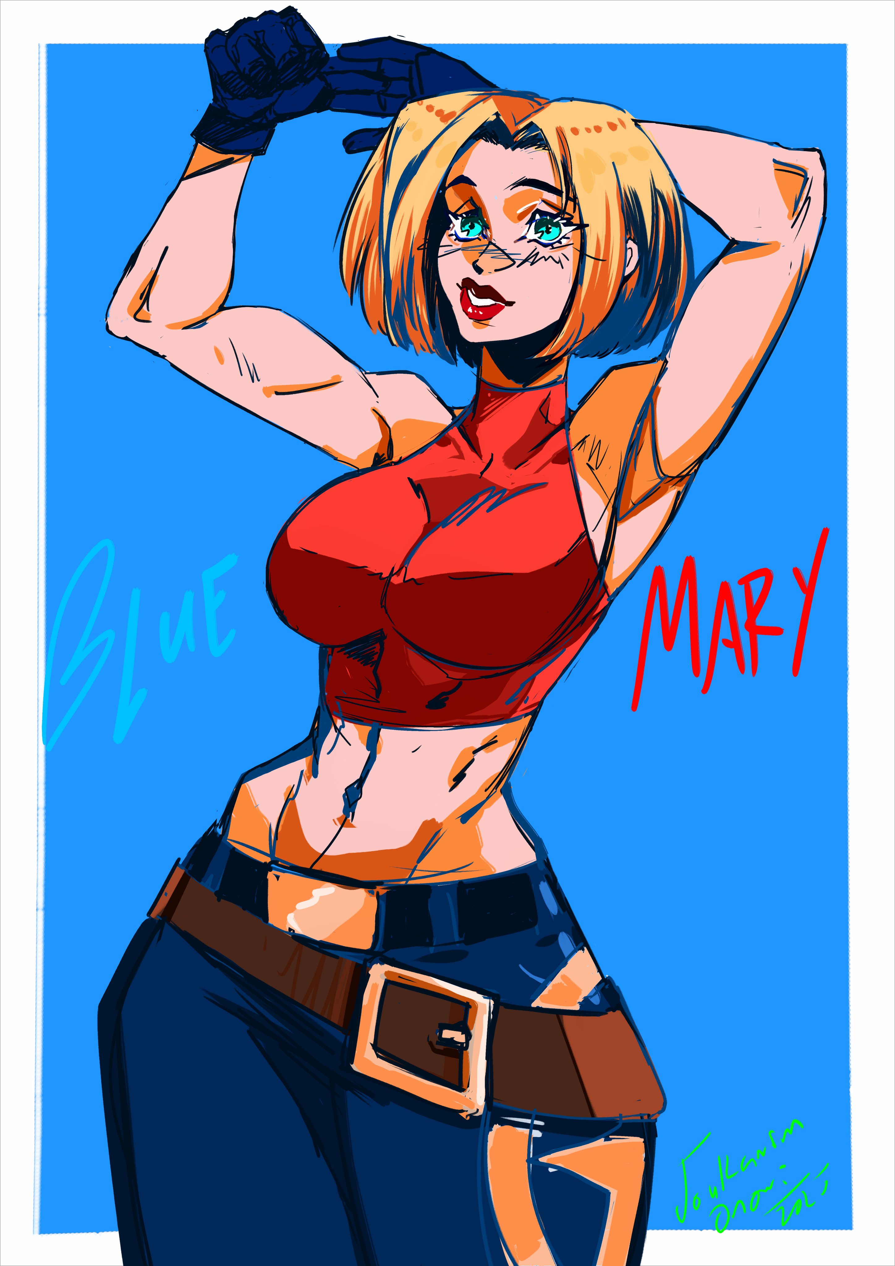 joukarim onori, blue mary, the king of fighters, 1girl, blonde hair, breasts, curvy, female focus, gloves, green eyes, hands up, large breasts, pale skin, pants, shirt, short hair, smile, tank top, thick lips, thick thighs, thighs, tight clothes, tight shirt, wide hips