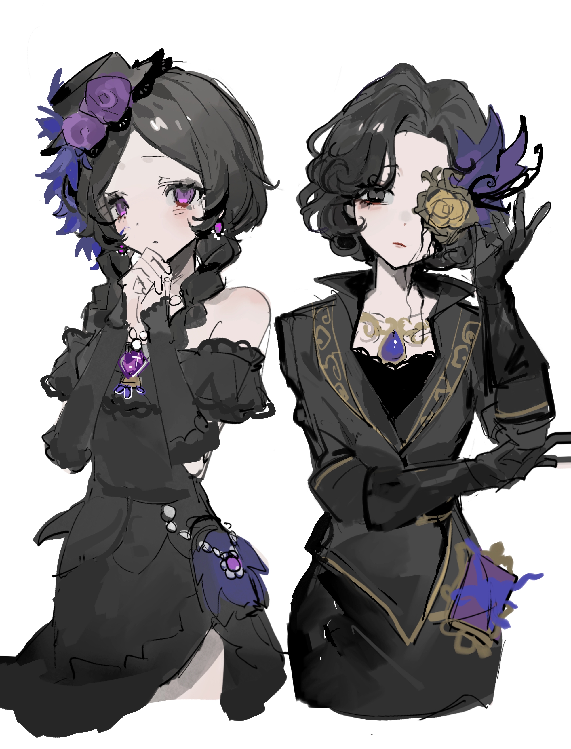 anne lester (hidden), margaretha zelle, margaretha zelle (vile blossom), identity v, absurdres, highres, 2girls, anne lester, bare shoulders, black dress, black eyes, black gloves, black hair, black jacket, black skirt, blush, braid, closed mouth, cowboy shot, dress, earrings, elbow gloves, flower, frills, gem, gloves, hair flower, hair ornament, hands up, hat, jacket, jewelry, long hair, long sleeves, looking at viewer, multiple girls, necklace, official alternate costume, one eye covered, own hands together, parted bangs, purple eyes, purple flower, purple rose, rose, shangxindelucha6026, short hair, simple background, skirt, twin braids, white background