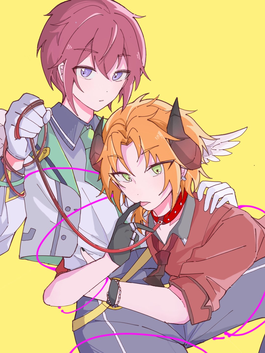 suou tsukasa, tsukinaga leo, ensemble stars!, highres, 2boys, black gloves, black nails, collar, collared shirt, demon boy, demon horns, earrings, gloves, green eyes, half gloves, holding, holding leash, horns, jacket, jewelry, leash, looking at viewer, male focus, multiple boys, necktie, official alternate costume, orange hair, oxygen95242406, purple eyes, red collar, red hair, red shirt, shirt, short hair, simple background, tongue, tongue out, upper body, white gloves, wings, yellow background