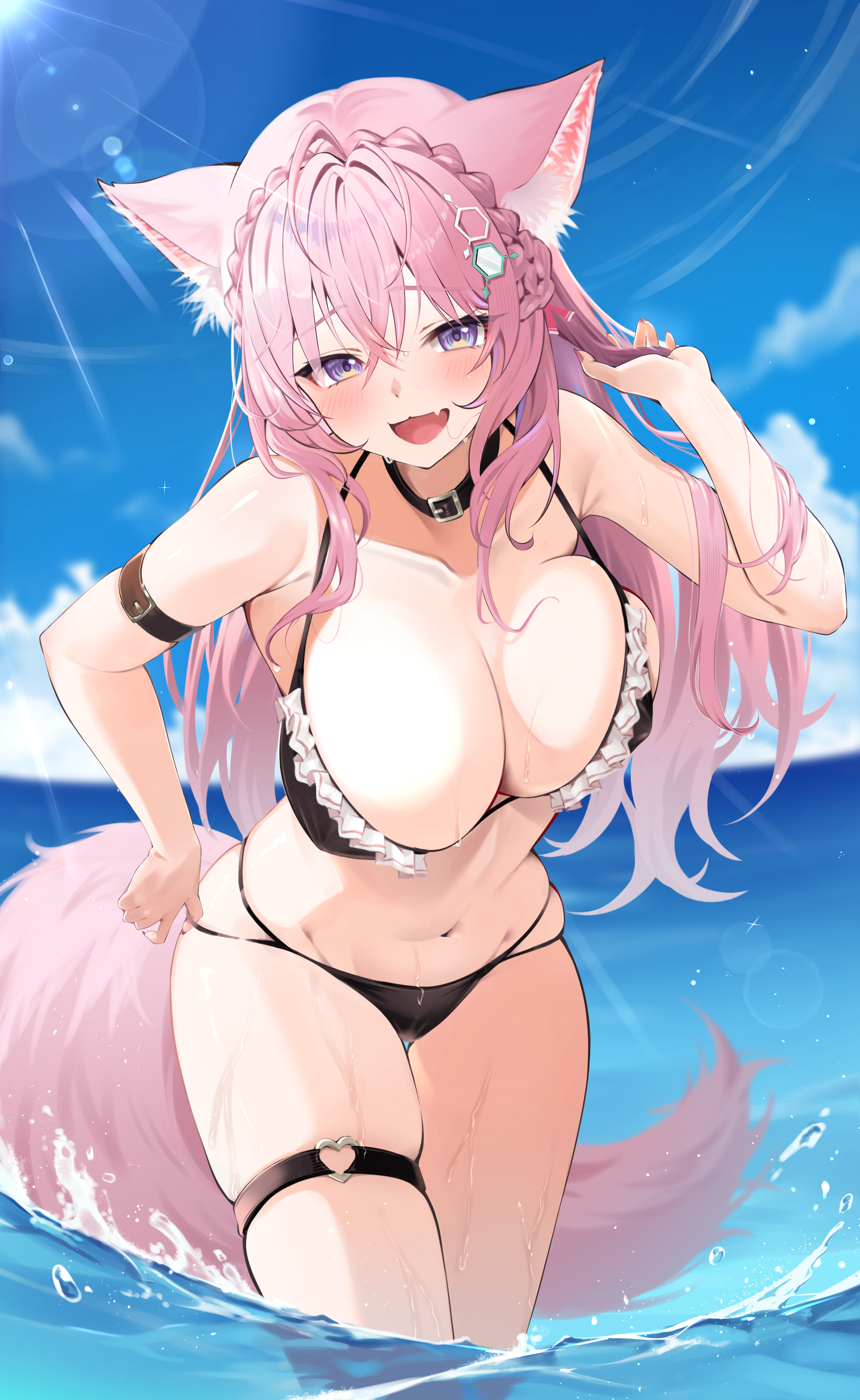 mogmog megmog, hakui koyori, hololive, absurdres, highres, 1girl, :3, animal ears, antenna hair, arm belt, bare shoulders, belt, belt collar, bikini, black belt, black bikini, black choker, black collar, blue sky, blush, braid, braided bun, breasts, choker, cleavage, cloud, cloudy sky, collar, collarbone, crown braid, day, fang, fingernails, groin, hair between eyes, hair bun, hair ornament, halterneck, heart, heart o-ring, large breasts, long hair, looking at viewer, nail polish, navel, o-ring, o-ring thigh strap, ocean, open mouth, outdoors, pink eyes, pink hair, pink nails, pink tail, skin fang, skindentation, sky, smile, solo, stomach, strap gap, strap pull, string bikini, swimsuit, tail, thigh strap, thighs, virtual youtuber, wolf ears, wolf girl, wolf tail