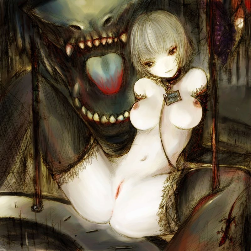 shadowthorn, bad id, bad pixiv id, 1girl, anus, bdsm, blonde hair, bondage, bound, breasts, collar, dragon, female focus, large breasts, nipples, pussy, solo, spread legs, thighhighs, uncensored