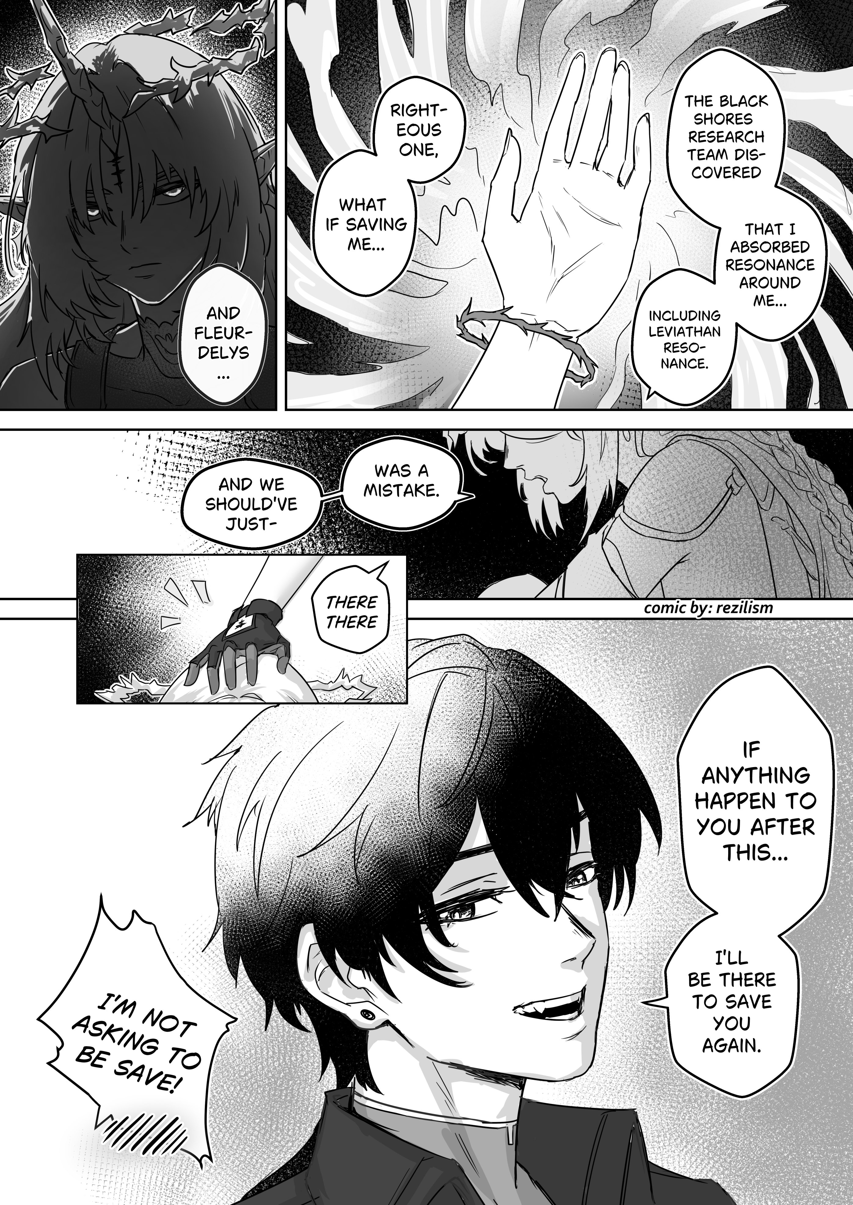 rezilism, cartethyia (wuthering waves), fleurdelys (wuthering waves), wuthering waves, absurdres, commentary, english commentary, highres, 1boy, 1girl, artist name, crown of thorns, english text, gloves, greyscale, hand up, headpat, jacket, monochrome, parted bangs, smile, tacet mark (wuthering waves)