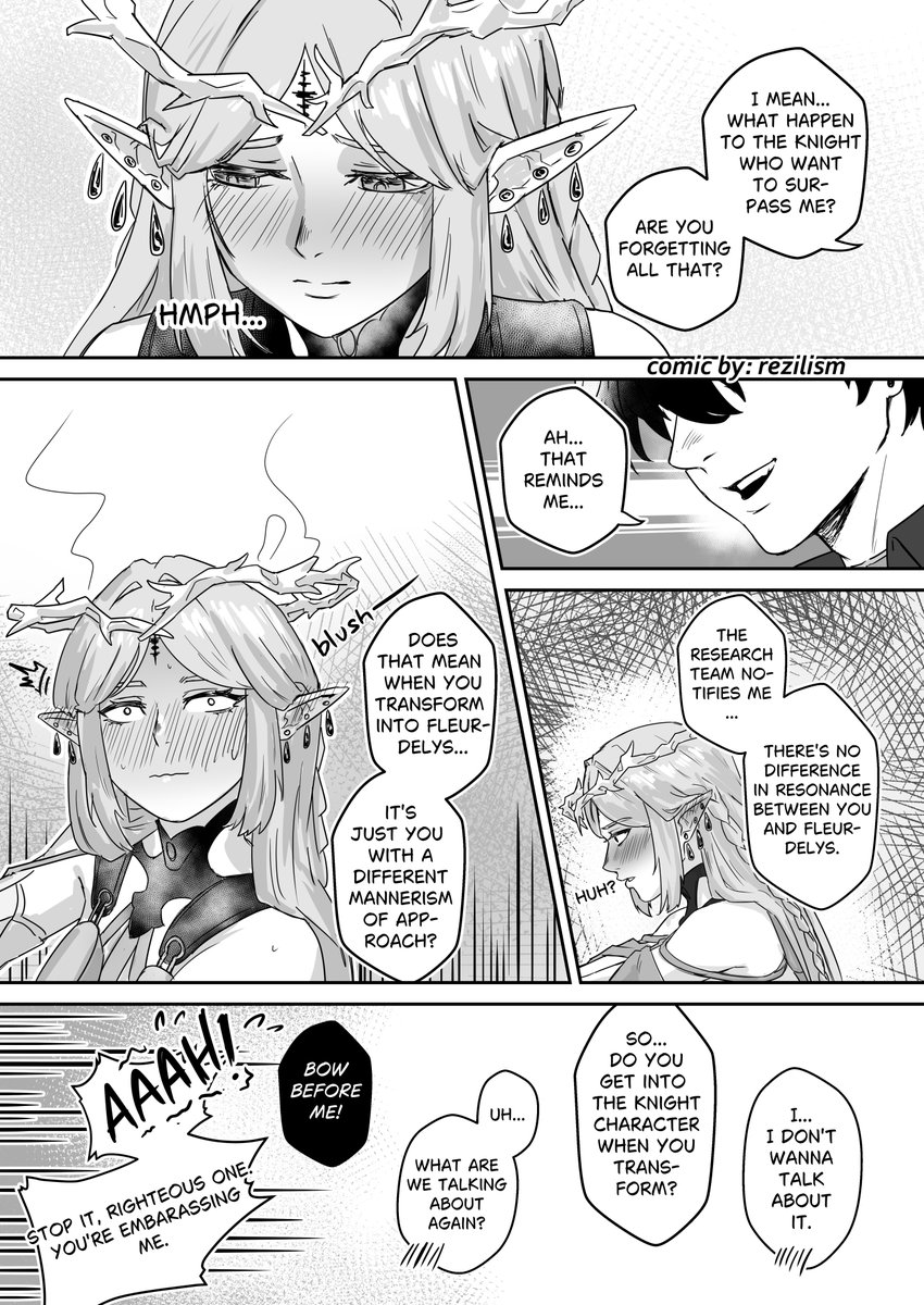 rezilism, cartethyia (wuthering waves), wuthering waves, commentary, english commentary, highres, 1boy, 1girl, artist name, blush, closed mouth, crown of thorns, ear blush, earrings, english text, flustered, jewelry, long hair, multiple earrings, parted bangs, pointy ears, sidelocks, smile, tacet mark (wuthering waves)
