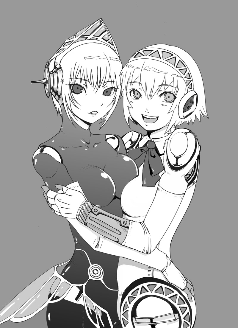 shadowthorn, aigis (persona), metis (persona), atlus, persona, persona 3, persona 3 the answer, 2girls, android, bow, breast press, breasts, greyscale, joints, monochrome, multiple girls, robot joints, symmetrical docking