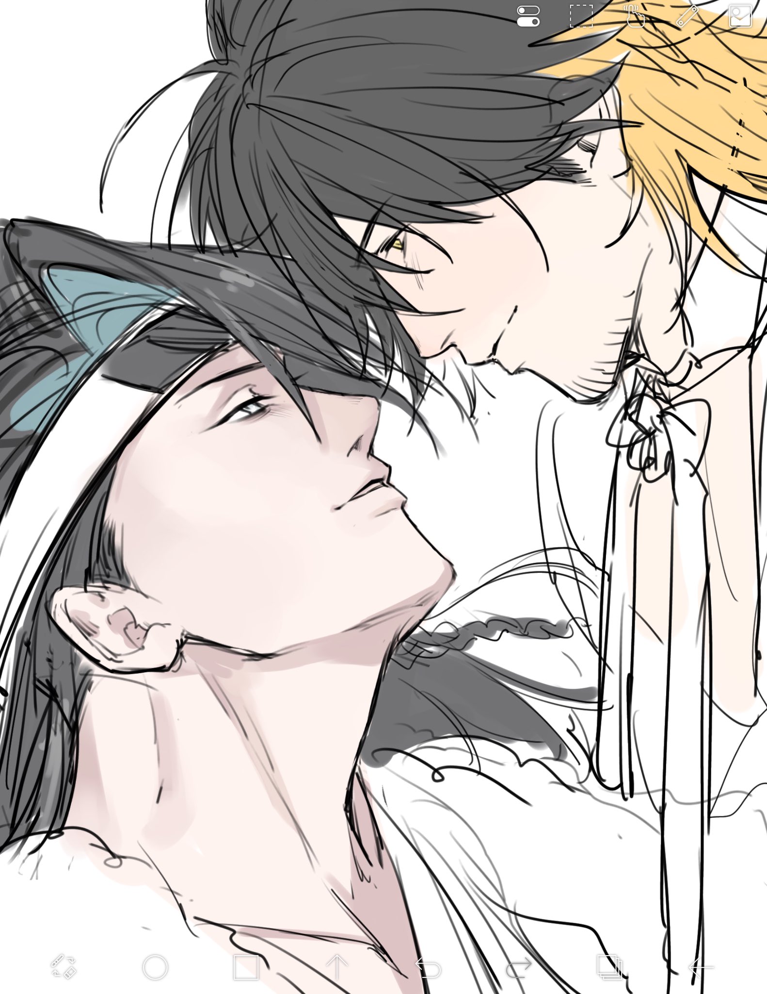 kondou isami (fate), nagasone kotetsu, fate/grand order, fate (series), touken ranbu, highres, unfinished, 2boys, art program in frame, black hair, blonde hair, blue hair, crossover, face-to-face, facial hair, goatee stubble, grey eyes, long hair, looking at another, male focus, matatabi (n ne365), multicolored hair, multiple boys, profile, short hair, simple background, smile, stubble, two-tone hair, white background, yaoi, yellow eyes