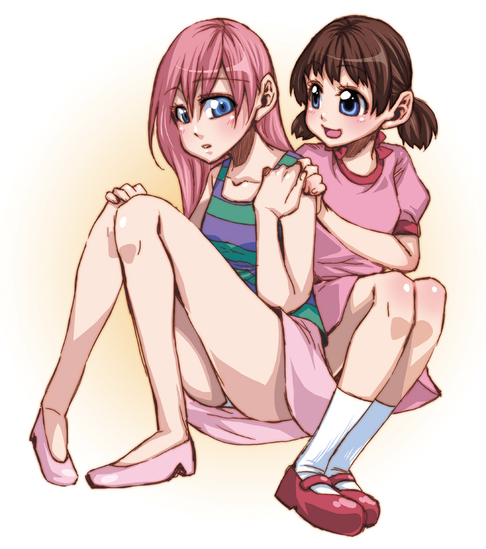 takanashi ringo, minamoto shizuka, riruru (doraemon), daichouhen doraemon, doraemon, doraemon: nobita to tetsujin heidan, doraemon: shin nobita to tetsujin heidan: habatake tenshi tachi, striped, white legwear, 2girls, android, blue eyes, brown hair, dress, long hair, mary janes, miniskirt, multiple girls, panties, pantyshot, pink hair, robot, shoes, short dress, short hair, short twintails, simple background, sitting, skirt, smile, socks, twintails, underwear, white panties