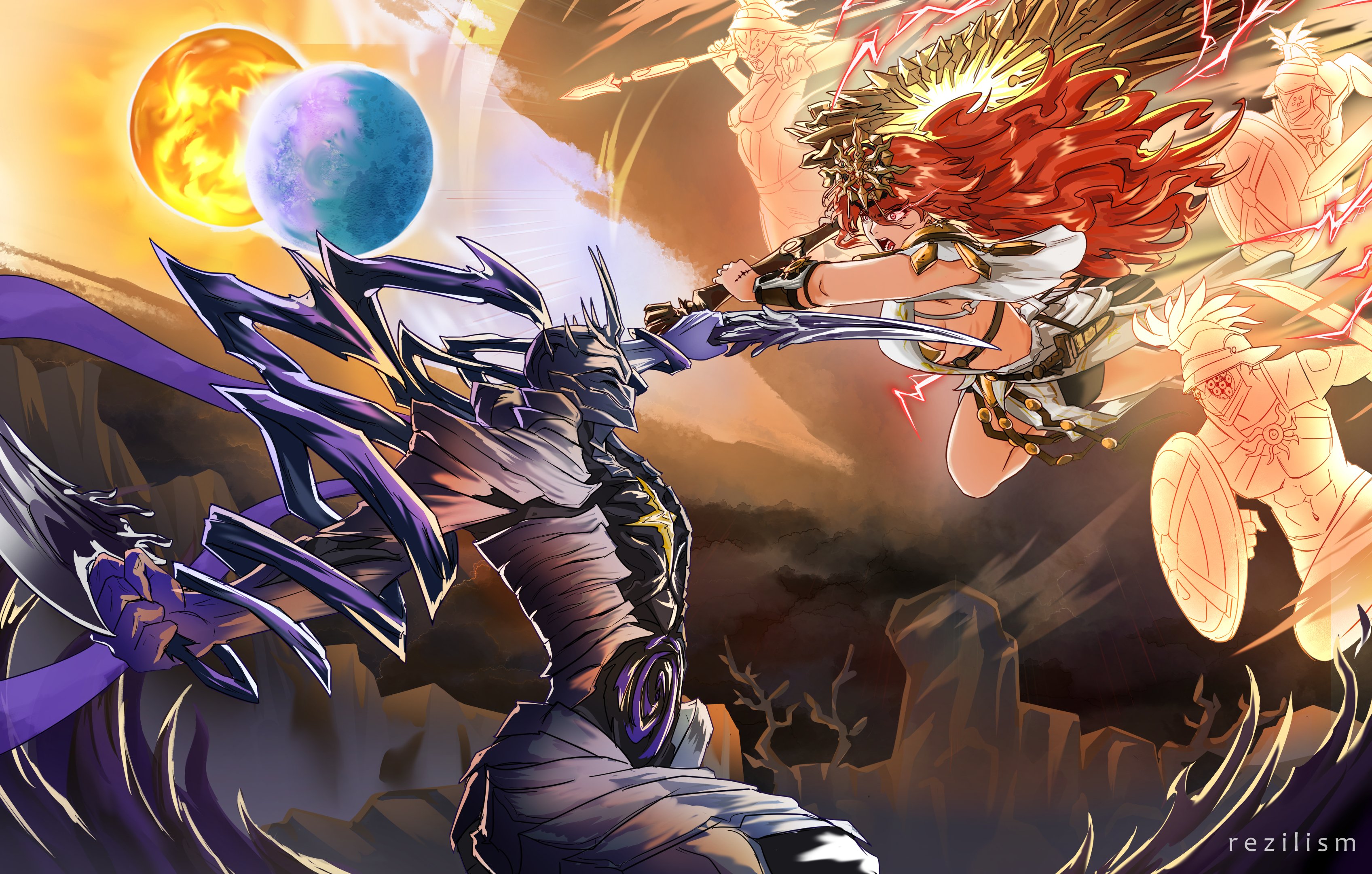 rezilism, augusta (wuthering waves), wuthering waves, absurdres, commentary, english commentary, highres, 1girl, 1other, arm armor, breasts, dress, electricity, eye trail, faceoff, false sovereign (wuthering waves), gladiator, holding, holding sword, holding weapon, large breasts, light trail, long hair, moon, open mouth, orange hair, people, red eyes, sheath, sun, sword, tacet discord (wuthering waves), tacet mark (wuthering waves), weapon, white dress