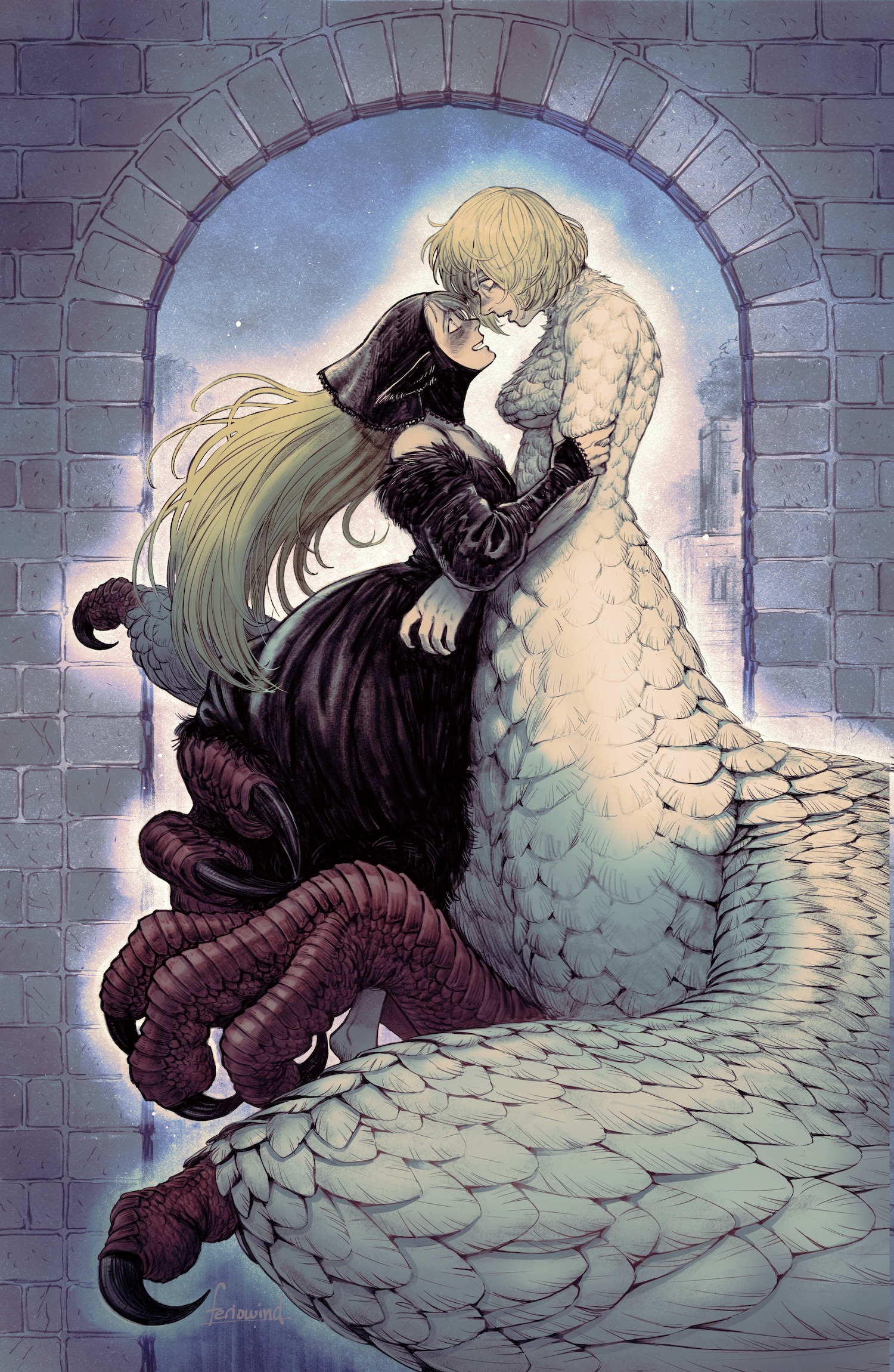 feriowind, falin touden, falin touden (chimera), marcille donato, marcille donato (lord), dungeon meshi, commentary, english commentary, highres, 2girls, artist name, bare shoulders, black dress, black headscarf, blonde hair, blush, body fur, breasts, centauroid, chimera, claws, dress, elf, eye contact, face-to-face, feathered wings, feathers, flat chest, floating, from side, fur-trimmed dress, fur trim, hair between eyes, halfling, hand on another's arm, hatching (texture), headscarf, indoors, large breasts, long hair, long sleeves, looking at another, monster girl, multiple girls, open mouth, pointy ears, profile, red scales, scales, short hair, signature, size difference, sleeves past wrists, stone wall, talons, taur, white feathers, wings, yuri