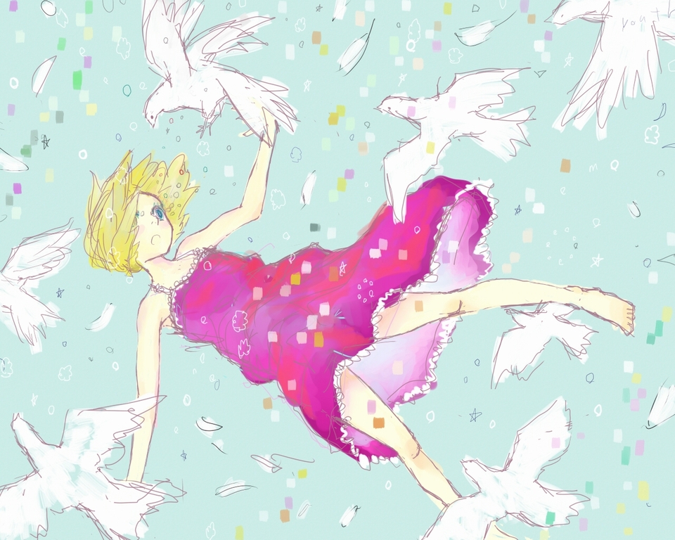 arakawa (aintnoroom), original, barefoot, bird, blonde hair, blue eyes, dress, falling, feet, sketch, solo, sundress