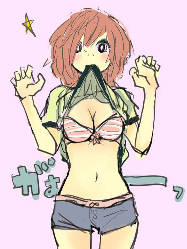 arakawa (aintnoroom), original, 1girl, bra, breasts, brown hair, clothes lift, female focus, lingerie, medium breasts, mouth hold, shirt lift, shorts, sketch, solo, underwear