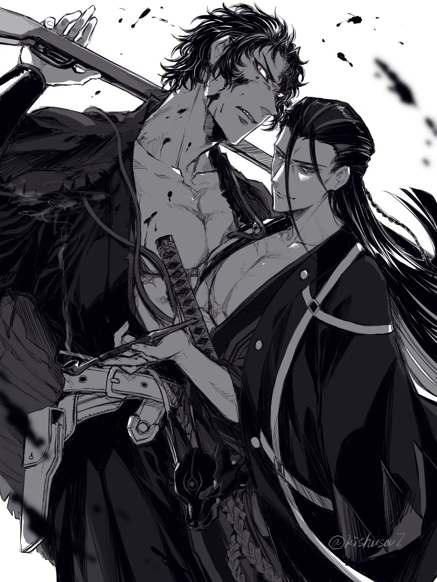 kishusoul, hijikata toshizou (fate), kondou isami (fate), fate/grand order, fate (series), highres, 2boys, belt, blood, blood on face, cowboy shot, greyscale, gun, haori, holding, holding smoking pipe, japanese clothes, katana, kimono, long hair, male focus, monochrome, multiple boys, pectorals, red eyes, rifle, short hair, simple background, smoking pipe, spot color, sword, weapon, white background