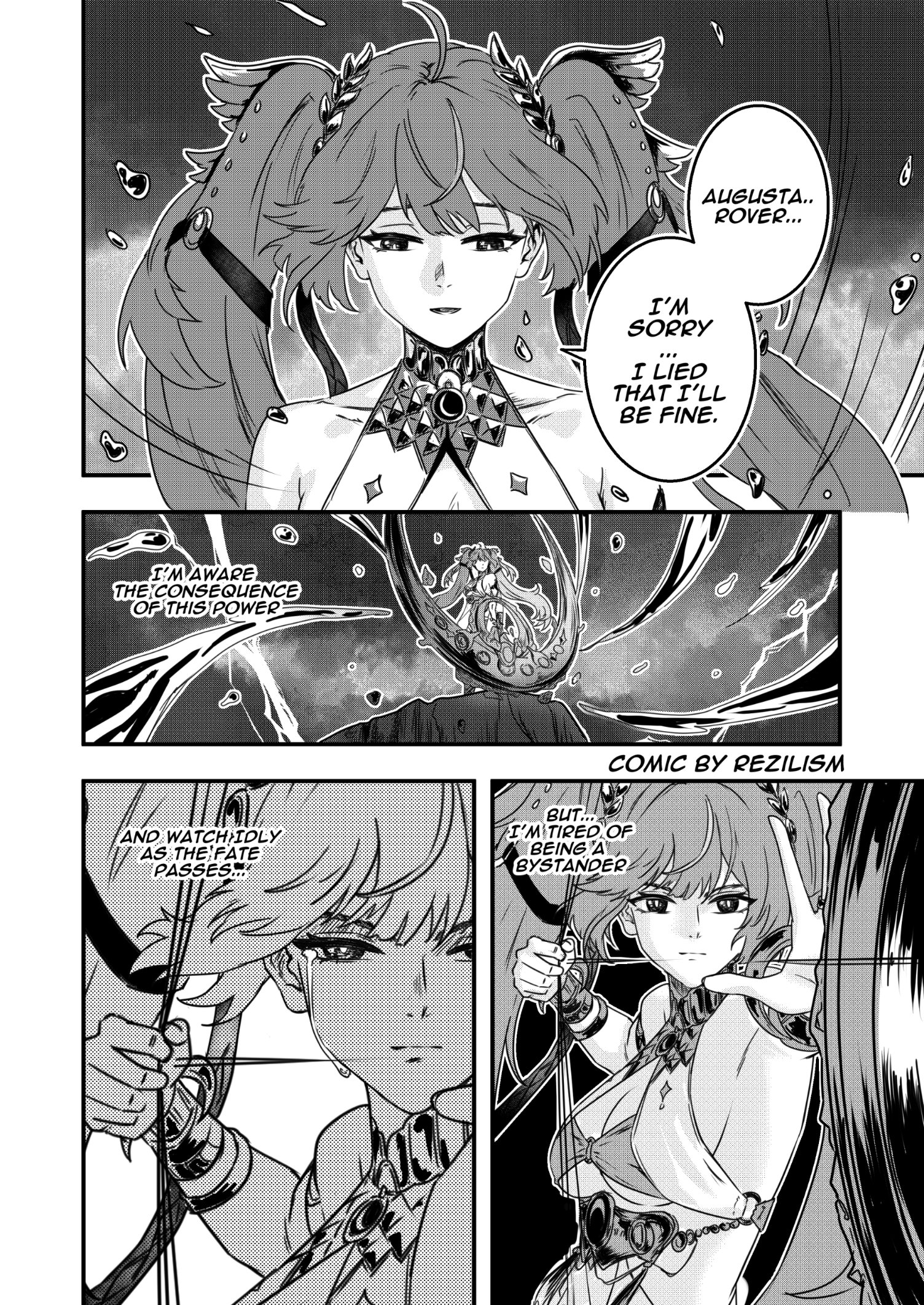 rezilism, iuno (wuthering waves), wuthering waves, commentary, english commentary, highres, 1girl, ahoge, ancient greek clothes, bare shoulders, bra, breasts, cleavage, closed mouth, english text, greco-roman clothes, greyscale, laurel crown, long hair, looking ahead, medium breasts, monochrome, parted lips, tears, twintails, underwear, vambraces
