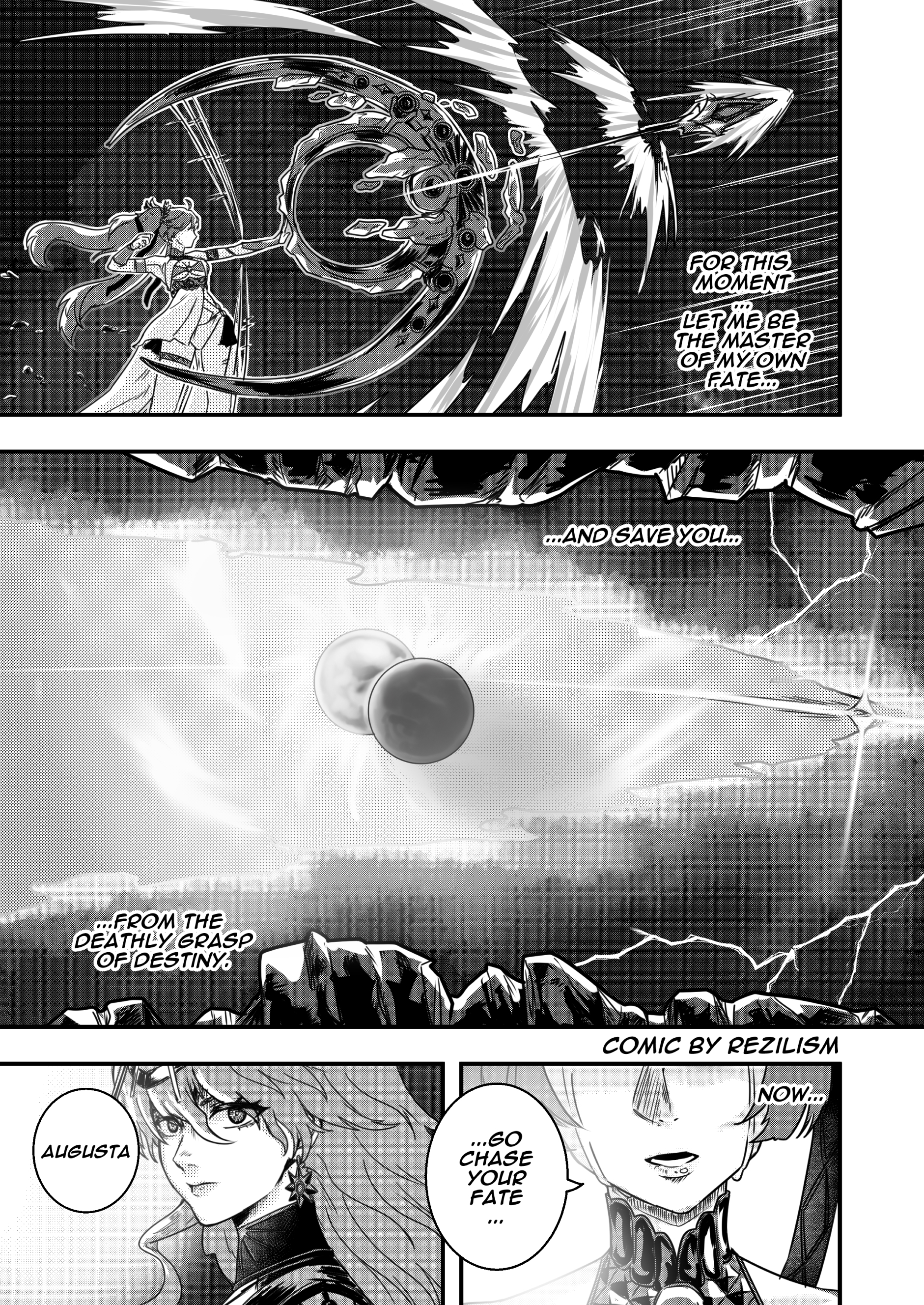 rezilism, augusta (wuthering waves), iuno (wuthering waves), wuthering waves, absurdres, commentary, english commentary, highres, 2girls, ahoge, ancient greek clothes, bow (weapon), bra, closed mouth, crying, earrings, electricity, english text, greco-roman clothes, greyscale, hair between eyes, jewelry, long hair, monochrome, moon, multiple girls, open mouth, sun, sun earrings, twintails, underwear, weapon