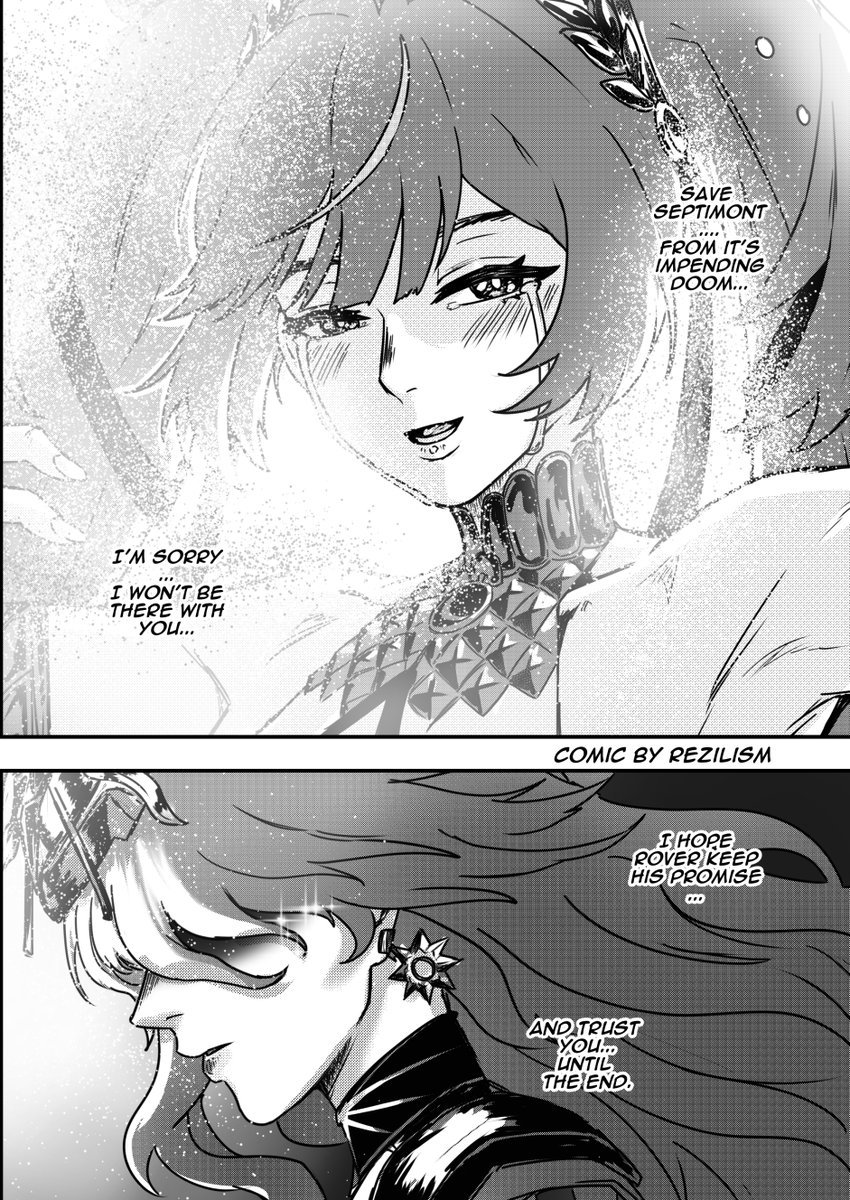 rezilism, augusta (wuthering waves), iuno (wuthering waves), wuthering waves, commentary, english commentary, highres, 2girls, bare shoulders, blush, crying, crying with eyes open, earrings, english text, greyscale, hair belt, headgear, jewelry, laurel crown, long hair, looking at viewer, monochrome, multiple girls, no eyes, parted lips, partially shaded face, smile, sun earrings, tears, twintails