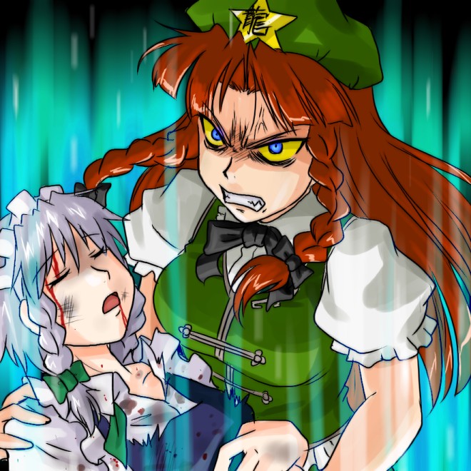 supon, ex-meiling, hong meiling, izayoi sakuya, touhou, silver hair, 2girls, anger vein, angry, blood, blue eyes, bow, bowtie, braid, clenched teeth, closed eyes, constricted pupils, crazy, fainting, female focus, furious, glowing, hairband, hat, hug, injury, long hair, multiple girls, open mouth, red hair, ribbon, scowl, short hair, snarl, teeth, twin braids, you gonna get raped
