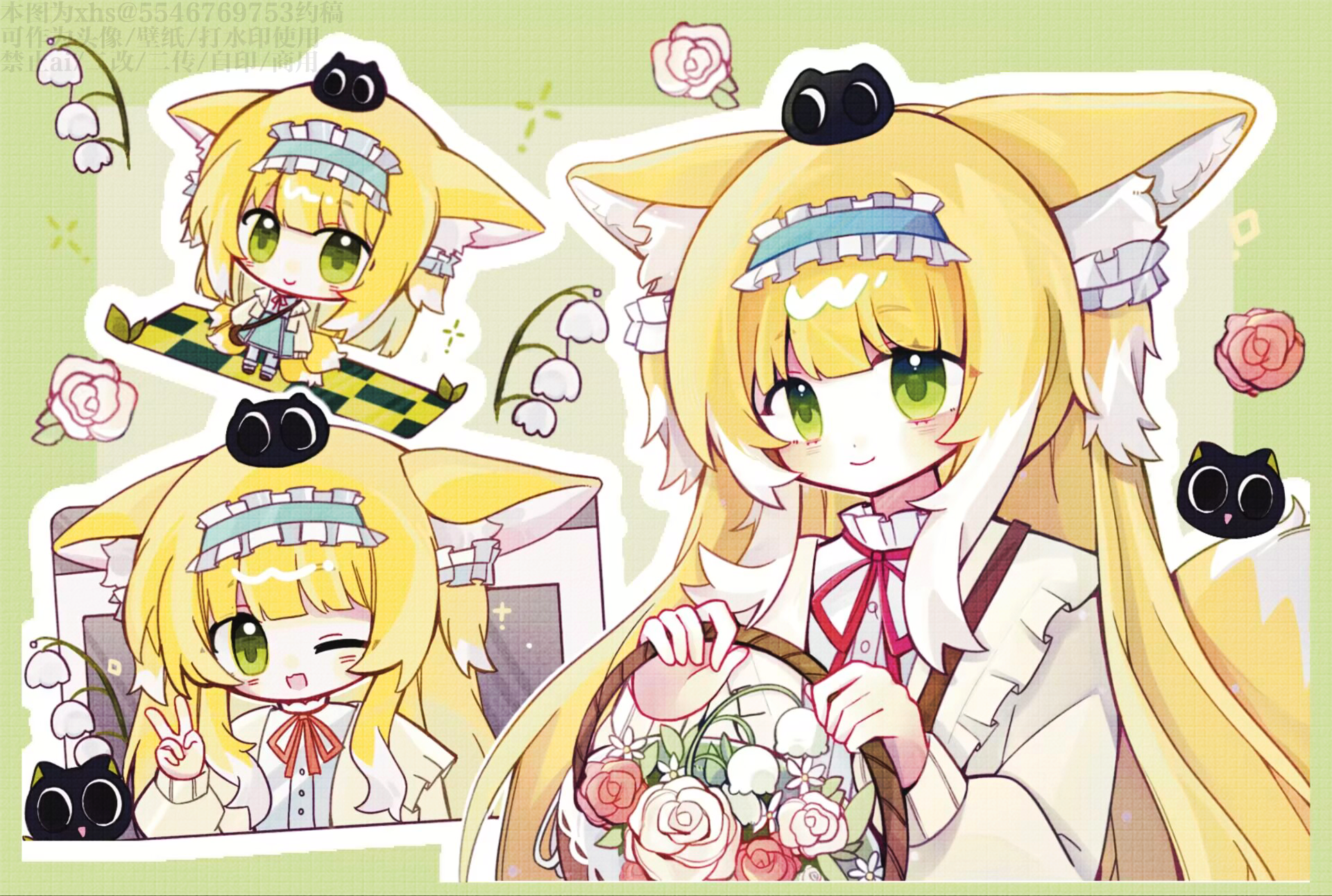 heixiu, suzuran (arknights), suzuran (spring praise) (arknights), arknights, luo xiaohei zhanji, chinese commentary, commentary request, commission, highres, second-party source, 1girl, :d, aimi (mhs6546266), animal ear fluff, animal ears, basket, black cat, blonde hair, blue hairband, cardigan, cat, chibi, closed mouth, colored tips, creature on head, flower, fox ears, fox girl, fox tail, frilled hairband, frills, green eyes, hairband, holding, holding basket, lily of the valley, long hair, long sleeves, multicolored hair, multiple views, name connection, neck ribbon, object namesake, official alternate costume, one eye closed, open cardigan, open clothes, open mouth, red ribbon, ribbon, shirt, smile, tail, two-tone hair, watermark, white cardigan, white hair, white shirt